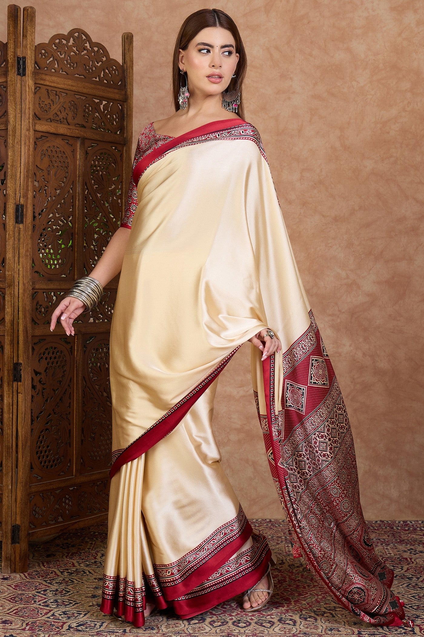 Buy MySilkLove Linen Cream and Red Ajrakh Printed Satin Crepe Silk Saree Online