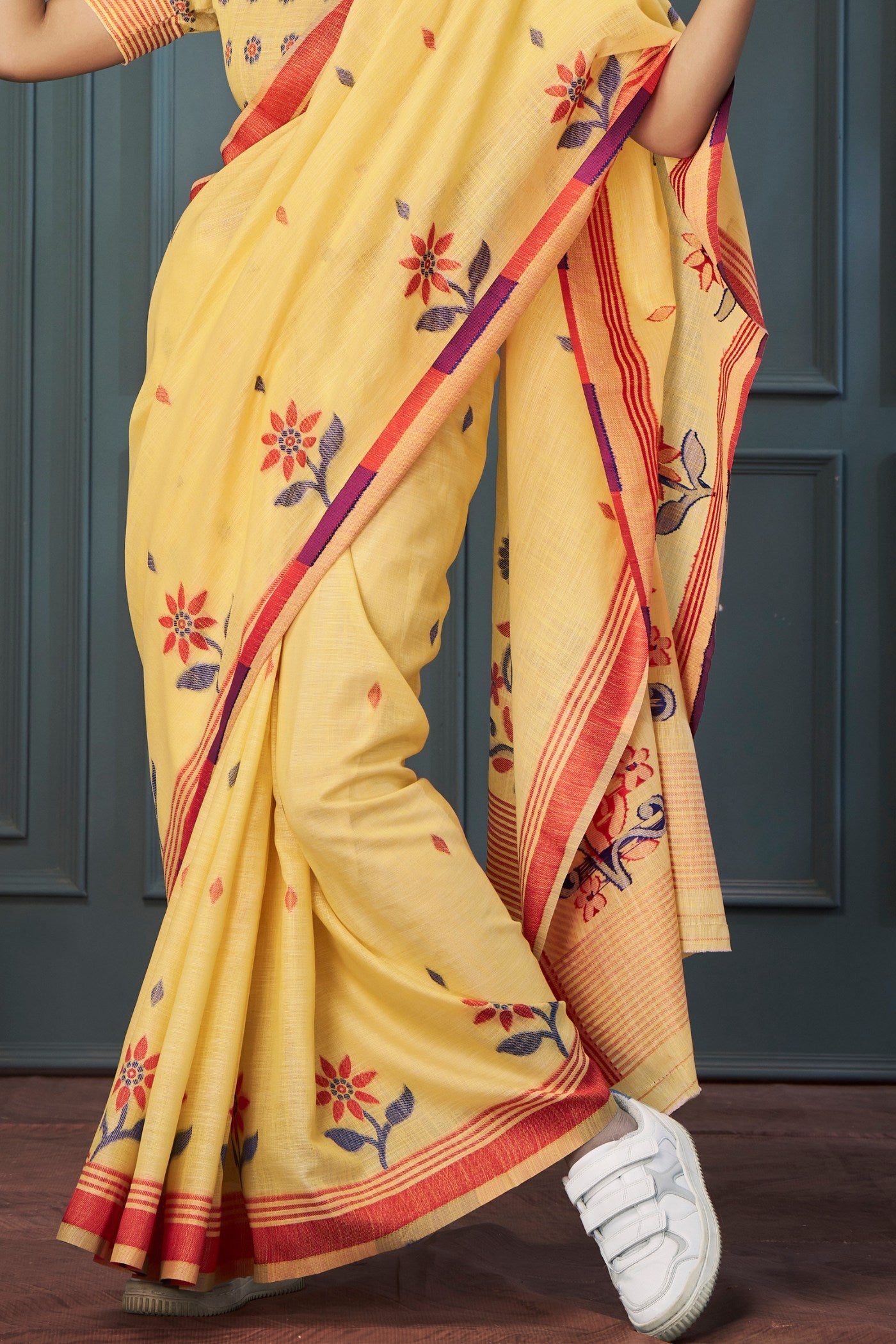 Buy MySilkLove Sunset Pearl Yellow Handloom Linen Saree Online