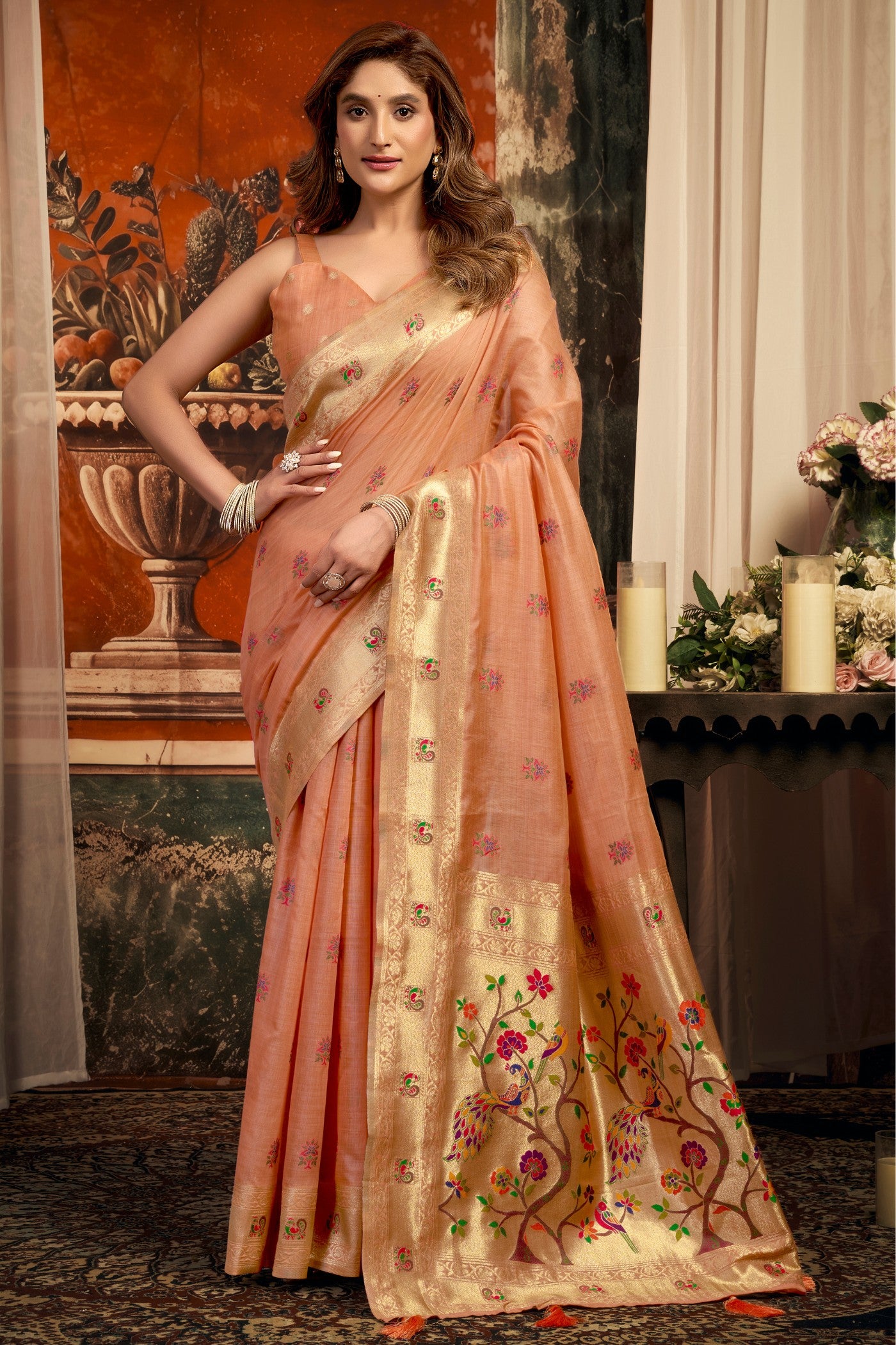 Buy MySilkLove Heather Peach Zari Woven Paithani Saree Online