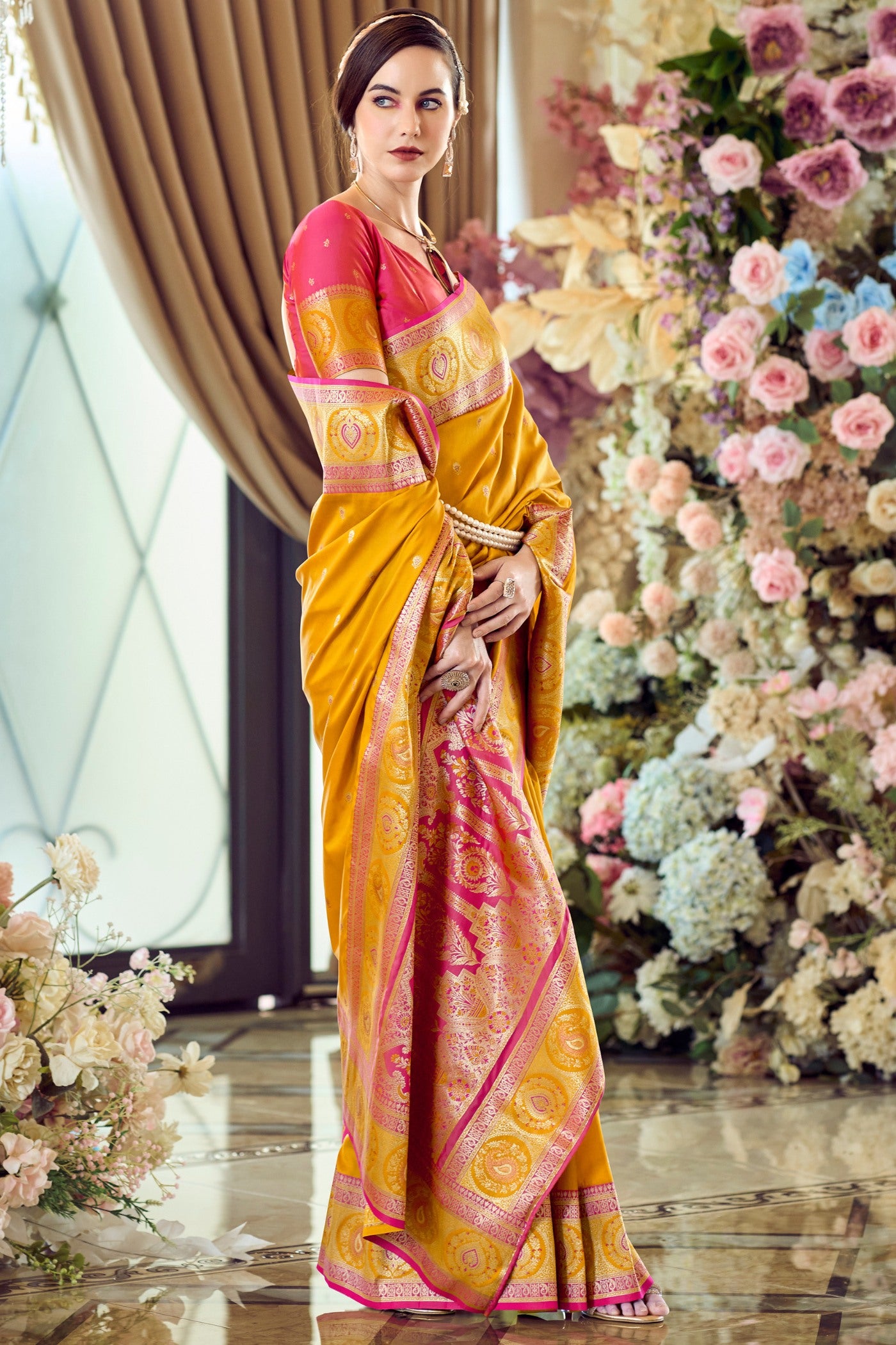 Buy MySilkLove Fire Bush Yellow Woven Banarasi Soft Silk Saree Online