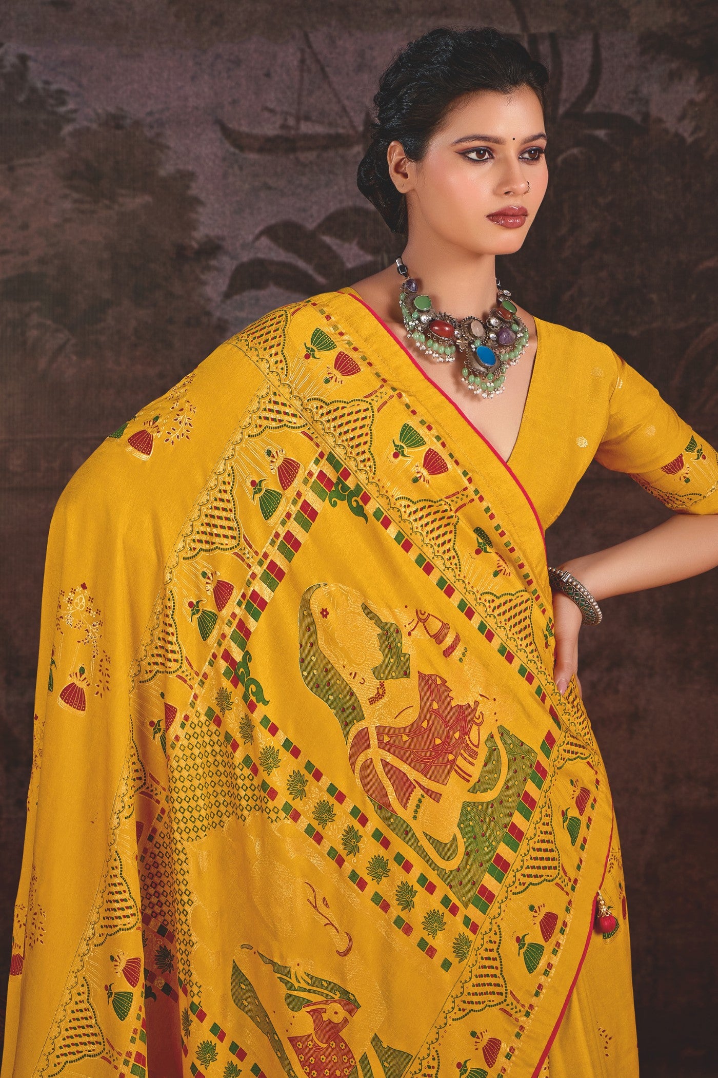 MySilkLove Zest Yellow Tussar Rajwadi Printed Silk Saree