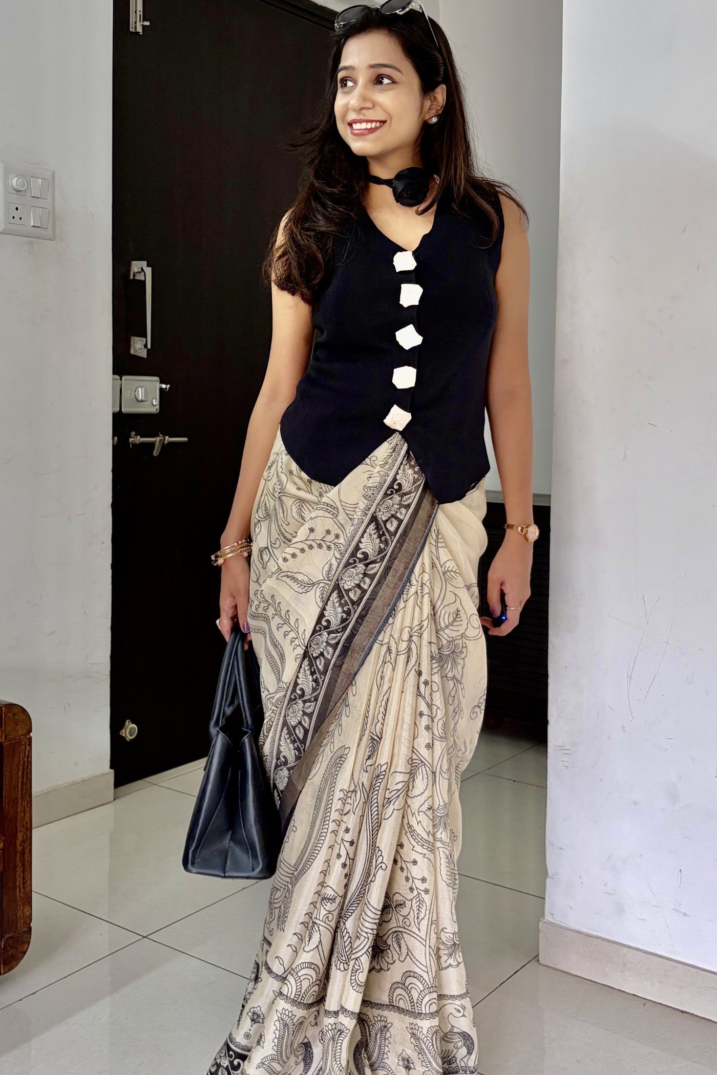 MySilkLove Indowestern Style Black and Cream Mul Cotton Kalamkari Saree