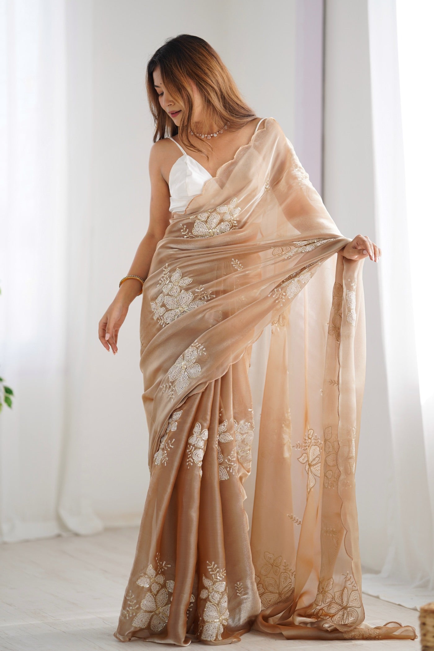 Buy MySilkLove Oyster Cream Floral Partywear Saree Online