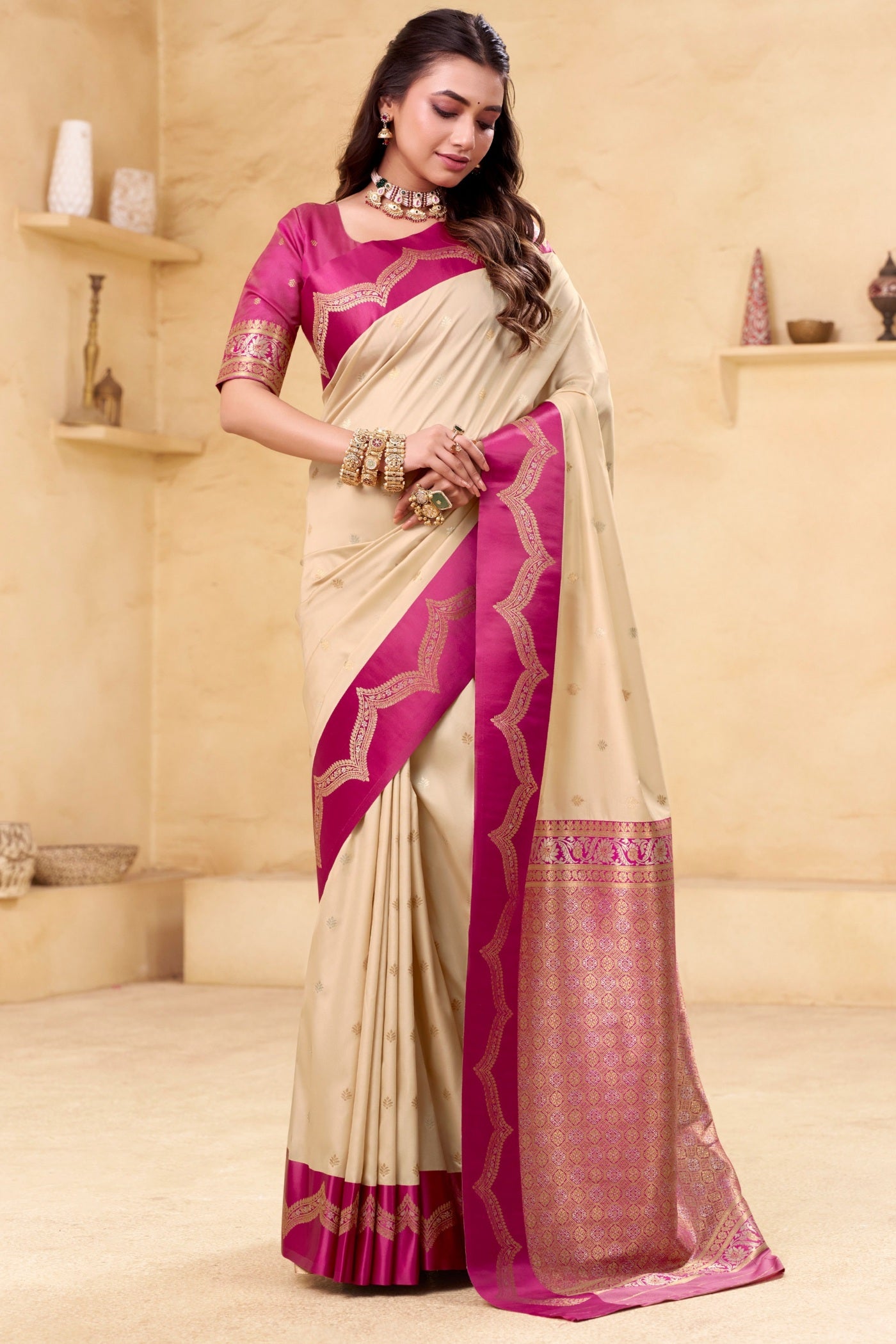 Buy MySilkLove Parchment Cream Woven Banarasi Satin Soft Silk Saree Online