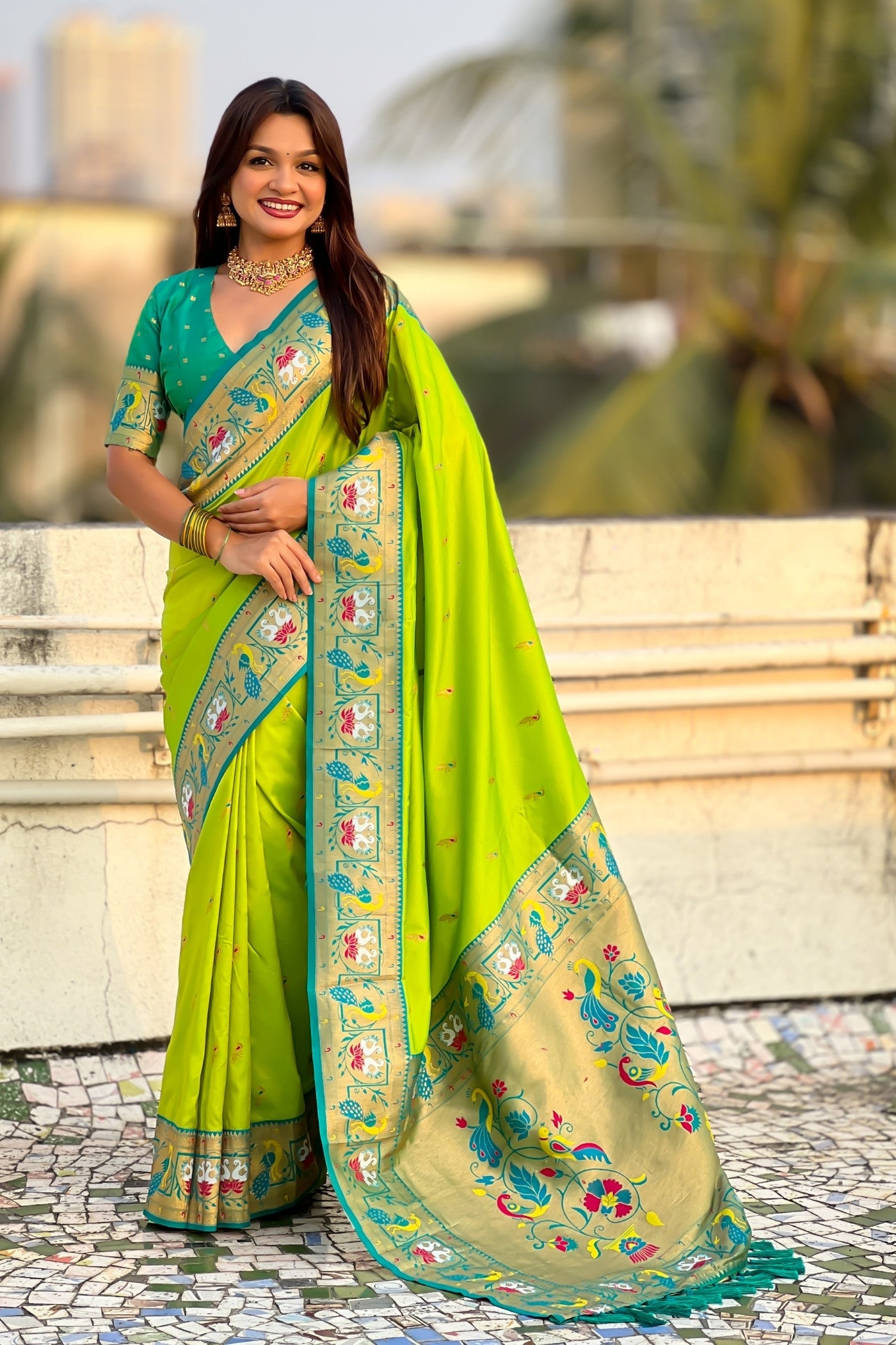 Buy MySilkLove Emerald Green Zari Woven Paithani Saree Online