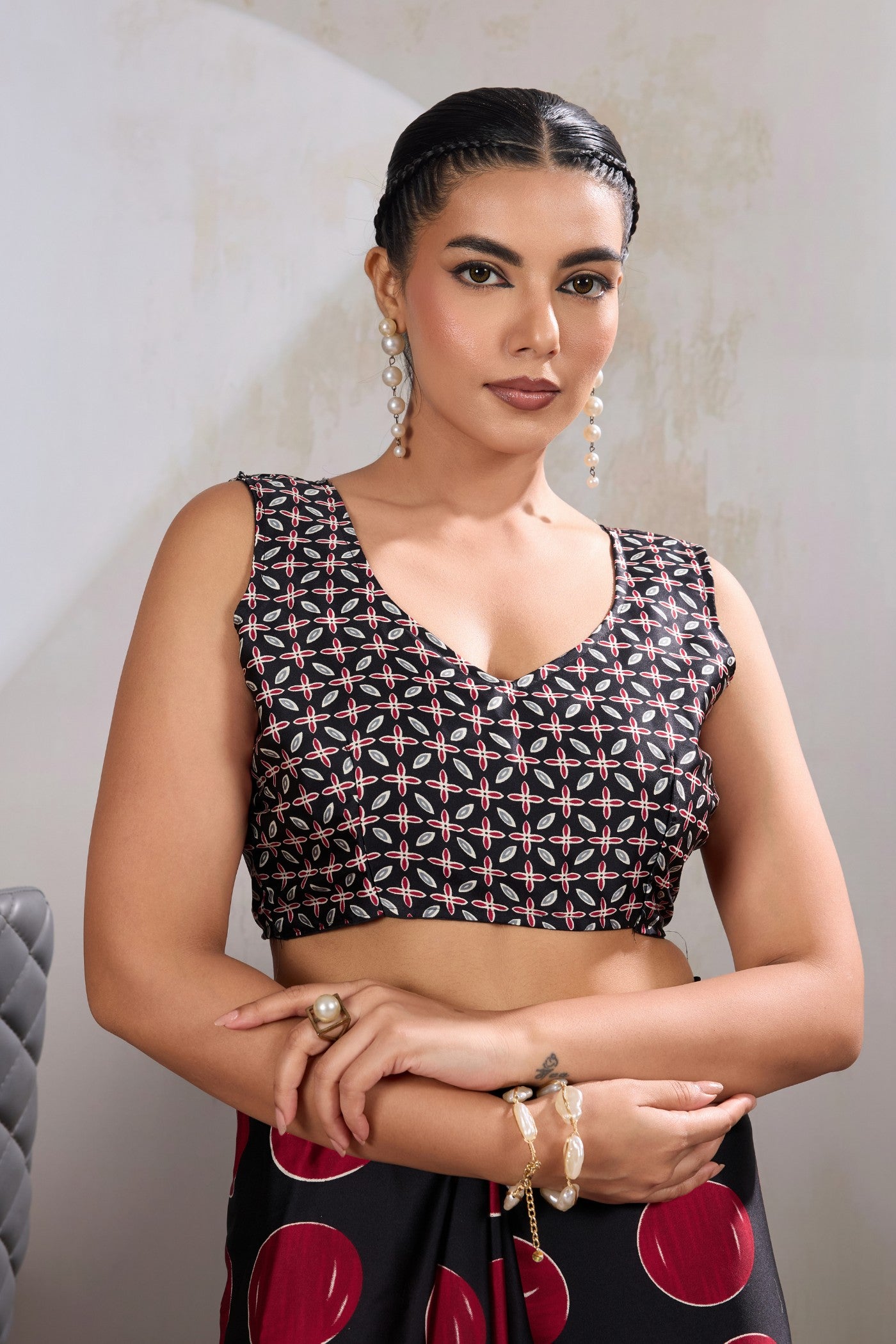 Buy MySilkLove Brink Red Printed Polka Dots Satin Crepe Saree Online