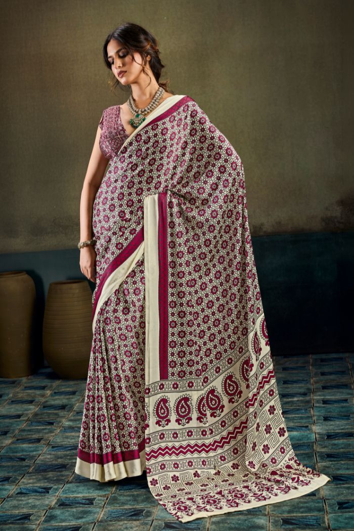 Buy MySilkLove Salt Cream and Maroon Modal Ajrakh Satin Printed Silk Saree Online
