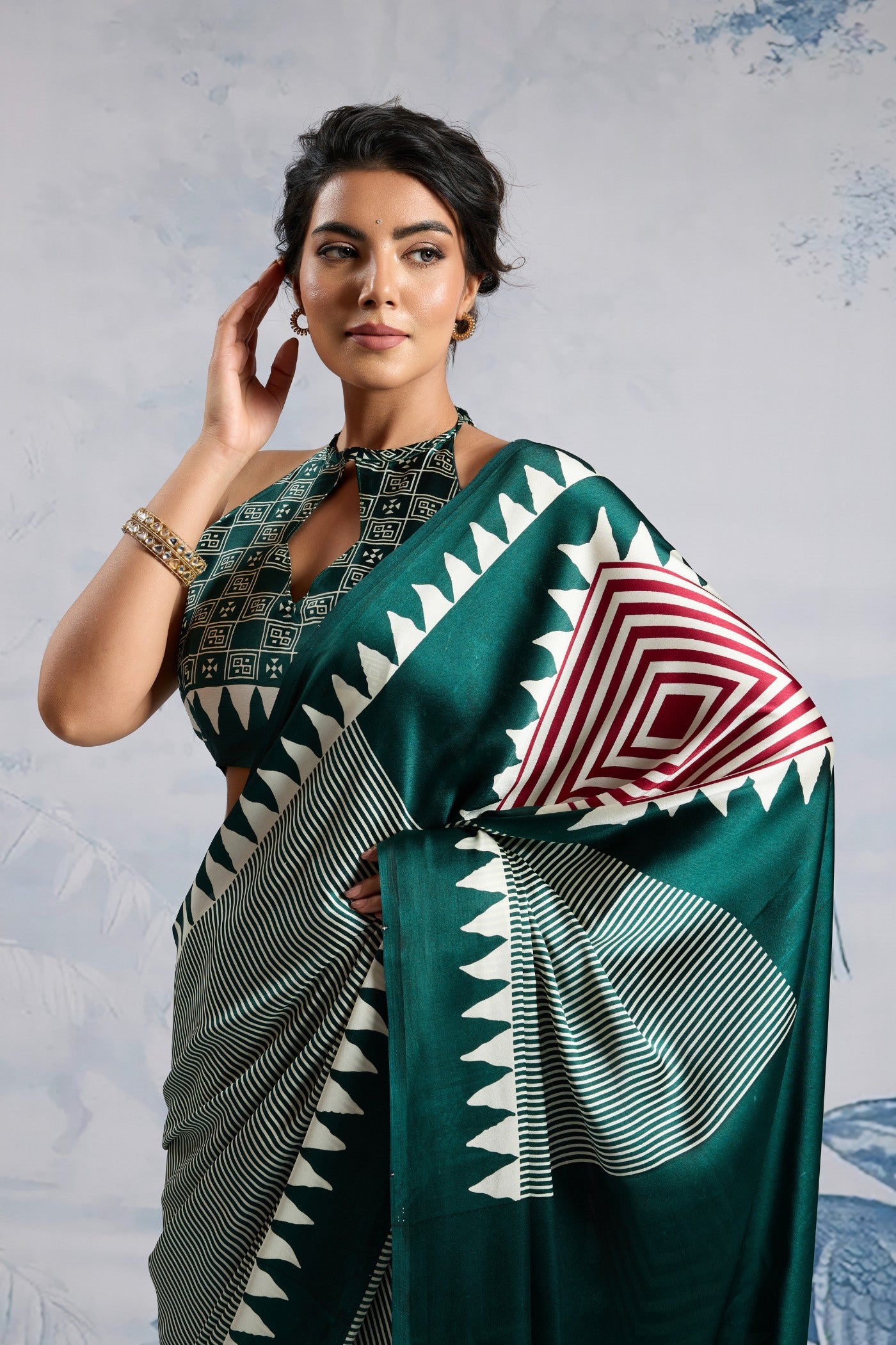 MySilkLove Beryl Green Stripe Ajrakh Printed Satin Crepe Silk Saree