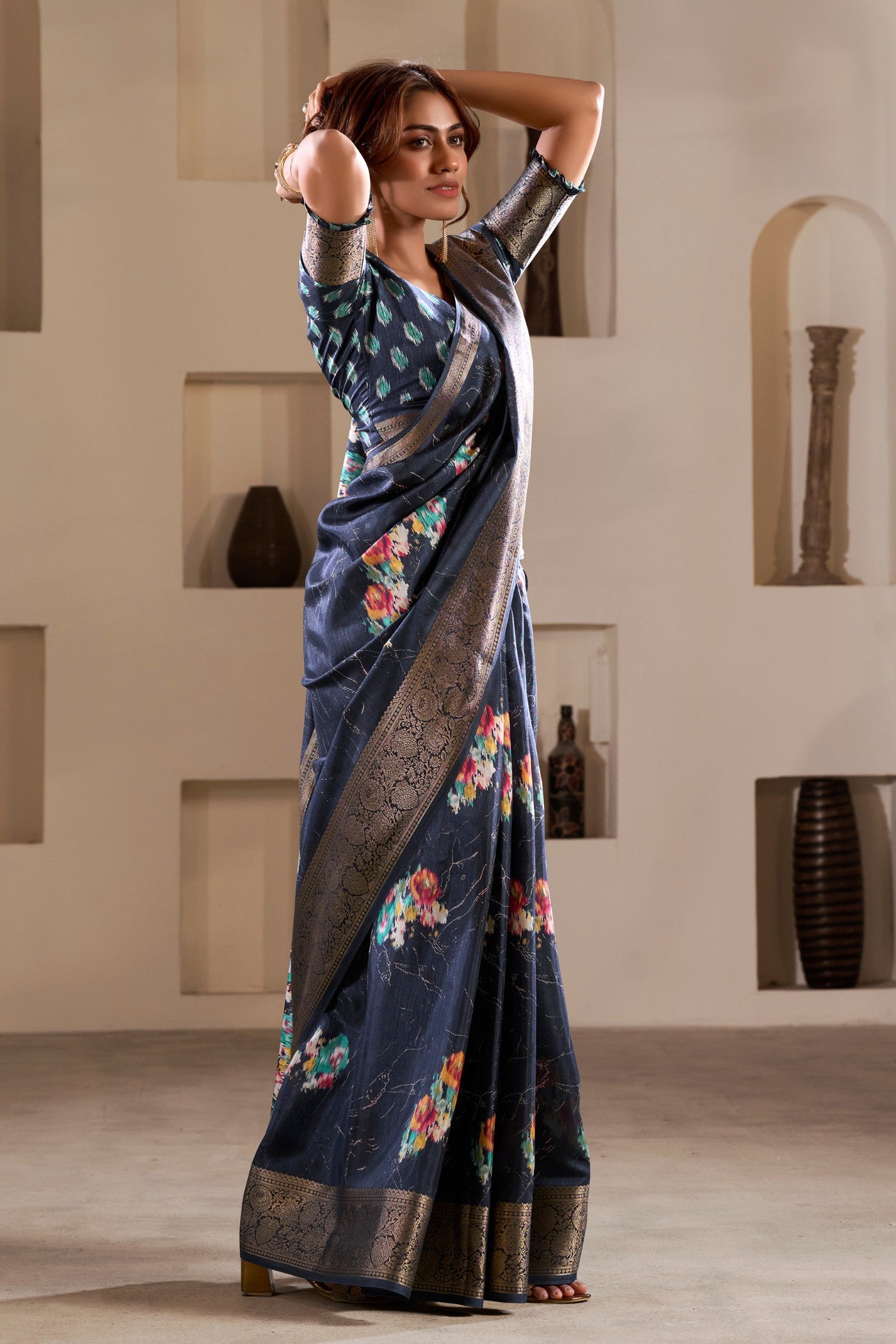 Buy MySilkLove Nevada Blue Printed Soft Dola Silk Saree Online