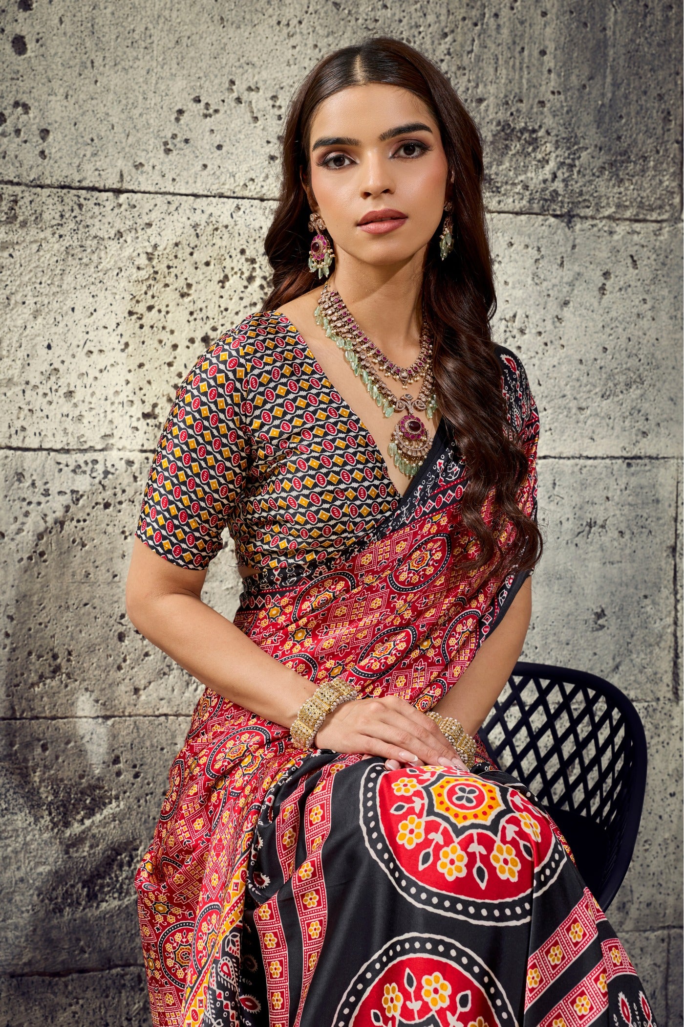 Buy MySilkLove Pickle Orange and Black Modal Ajrakh Satin Printed Silk Saree Online