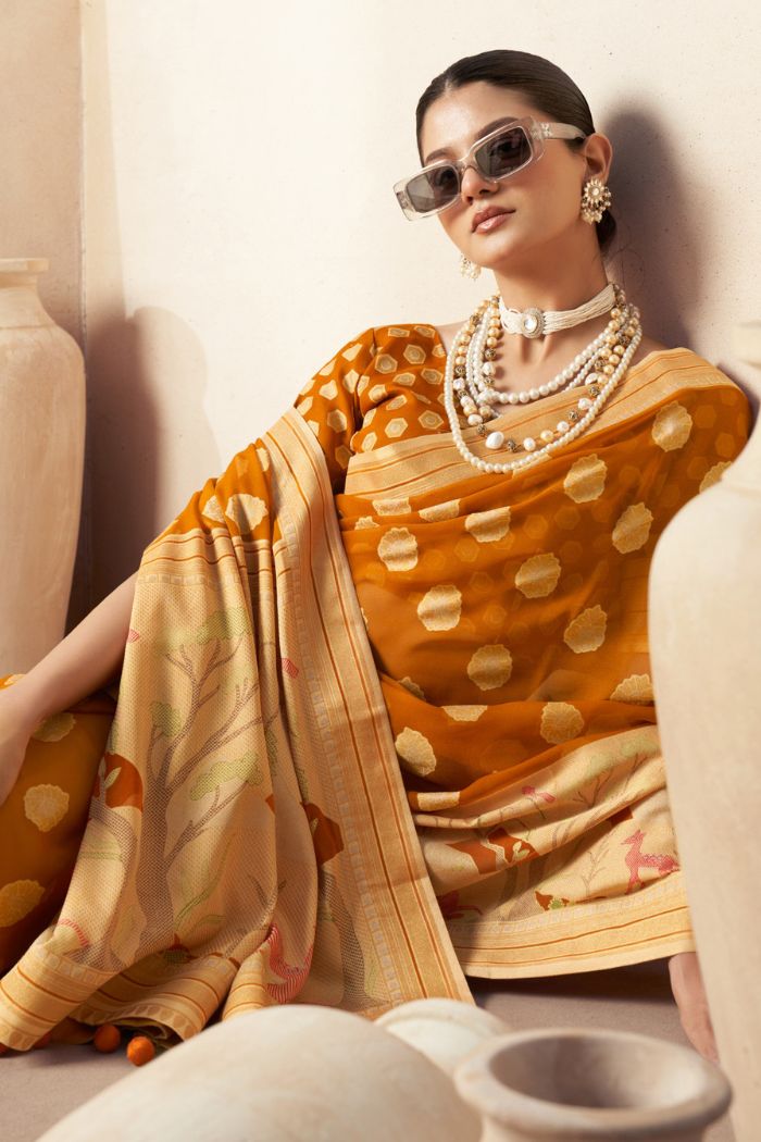 Buy MySilkLove Tuscany Yellow Woven Georgette saree Online