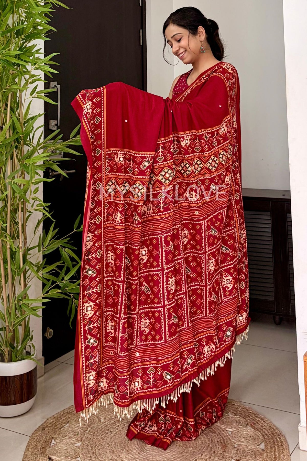Buy MySilkLove Vermilion Red Patola Pallu Embroidery Mirror Work Modal Soft Silk Saree Online