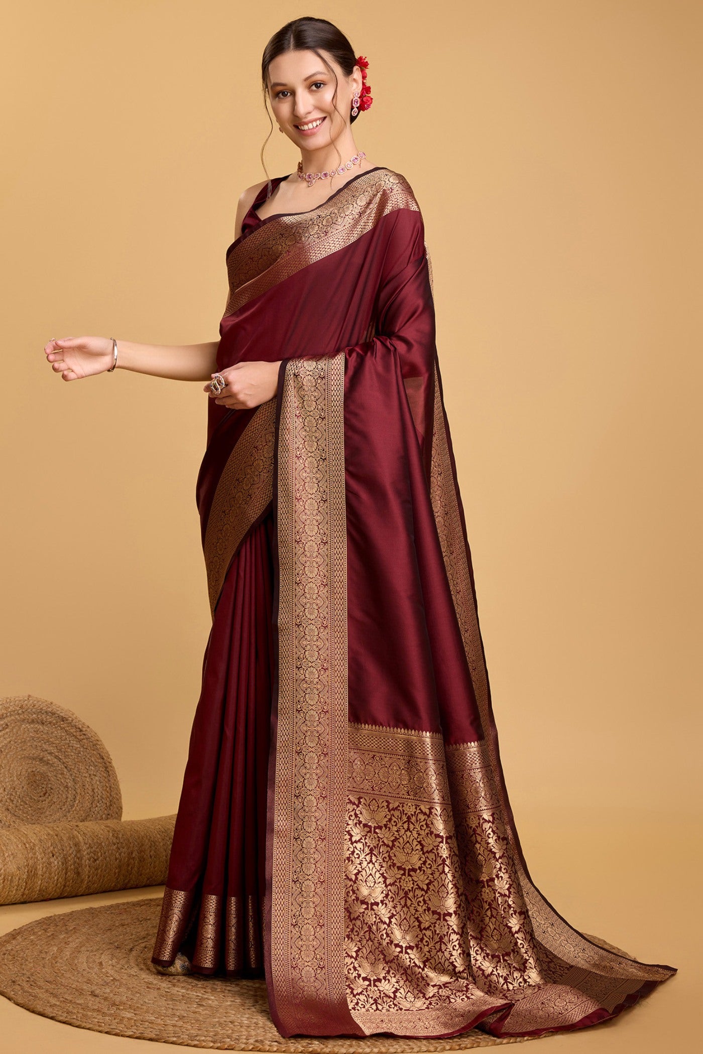 Buy MySilkLove Rufous Maroon Woven Banarasi Saree Online