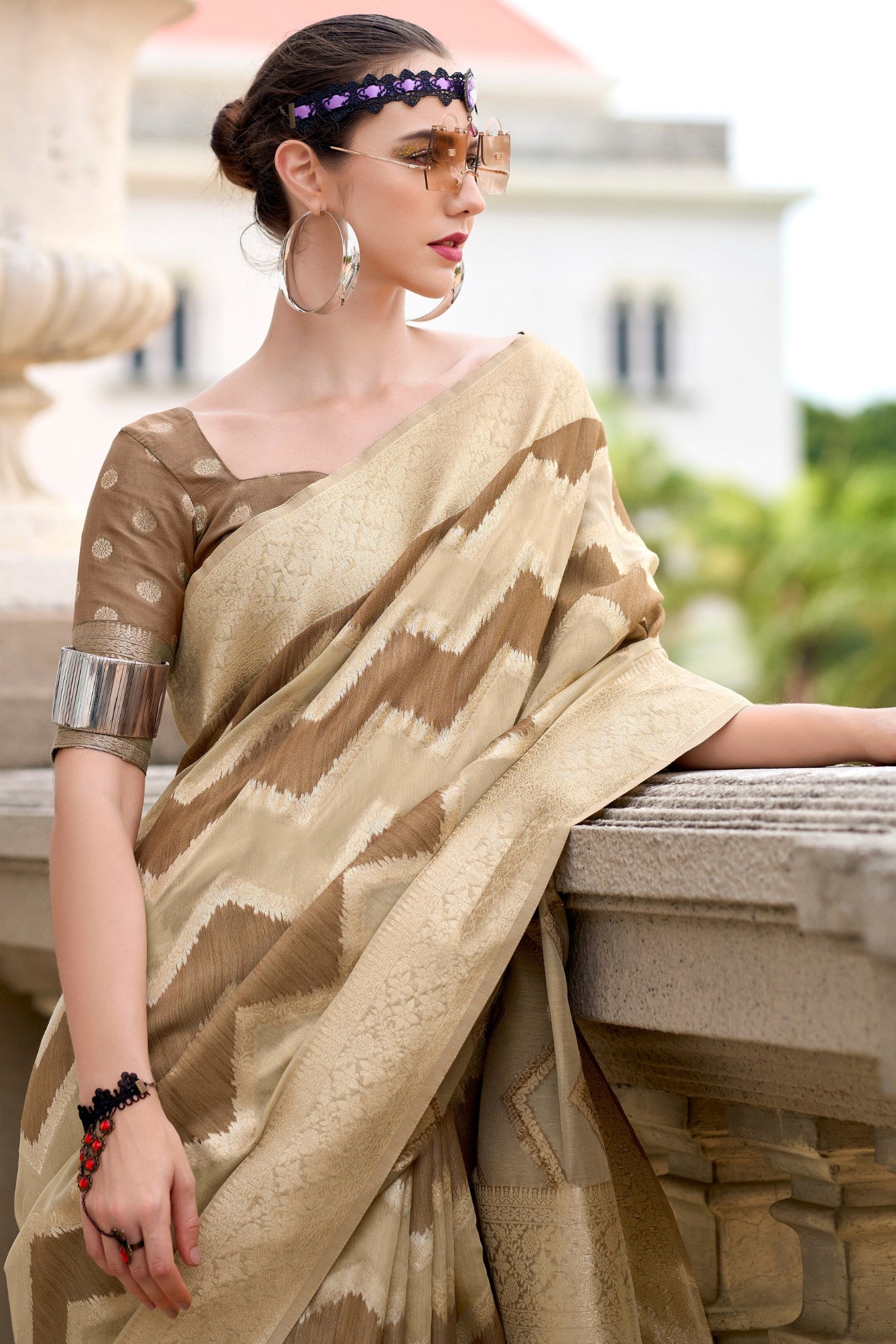 Buy MySilkLove Mongoose Brown Woven Linen Cotton Saree Online