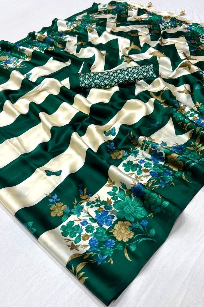Buy MySilkLove Tree Green Stripe Printed Floral Satin Gaji Silk Saree Online