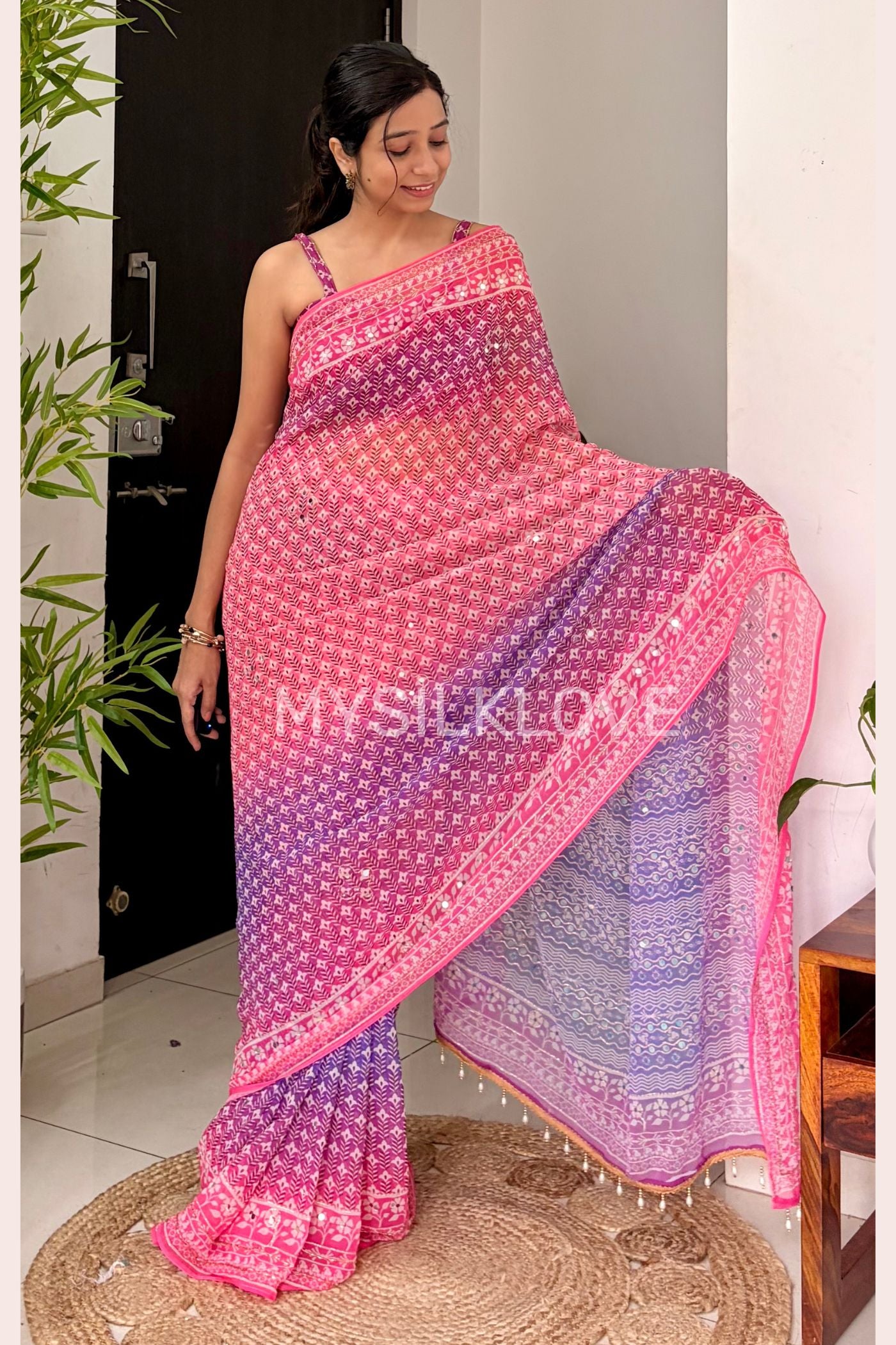 MySilkLove Baby Pink and Purple Ajrakh Georgette Mirror Work Saree Without Blouse