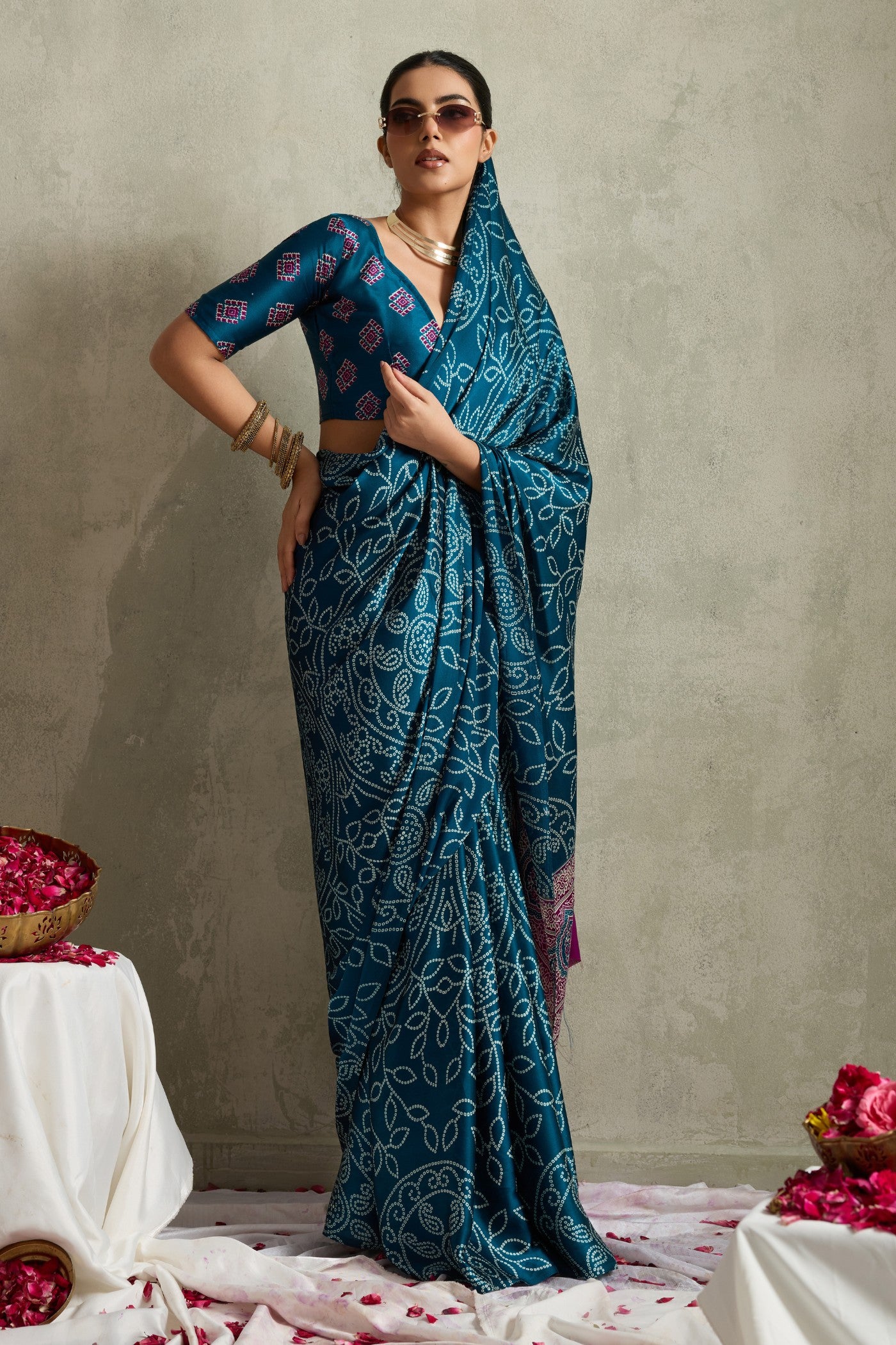 Buy MySilkLove Midnight Blue Bandhani Printed Silk Saree Online