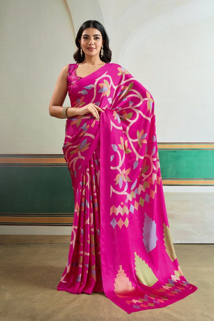 Buy MySilkLove Hibiscus Pink Modal Ajrakh Printed Satin Silk Saree Online