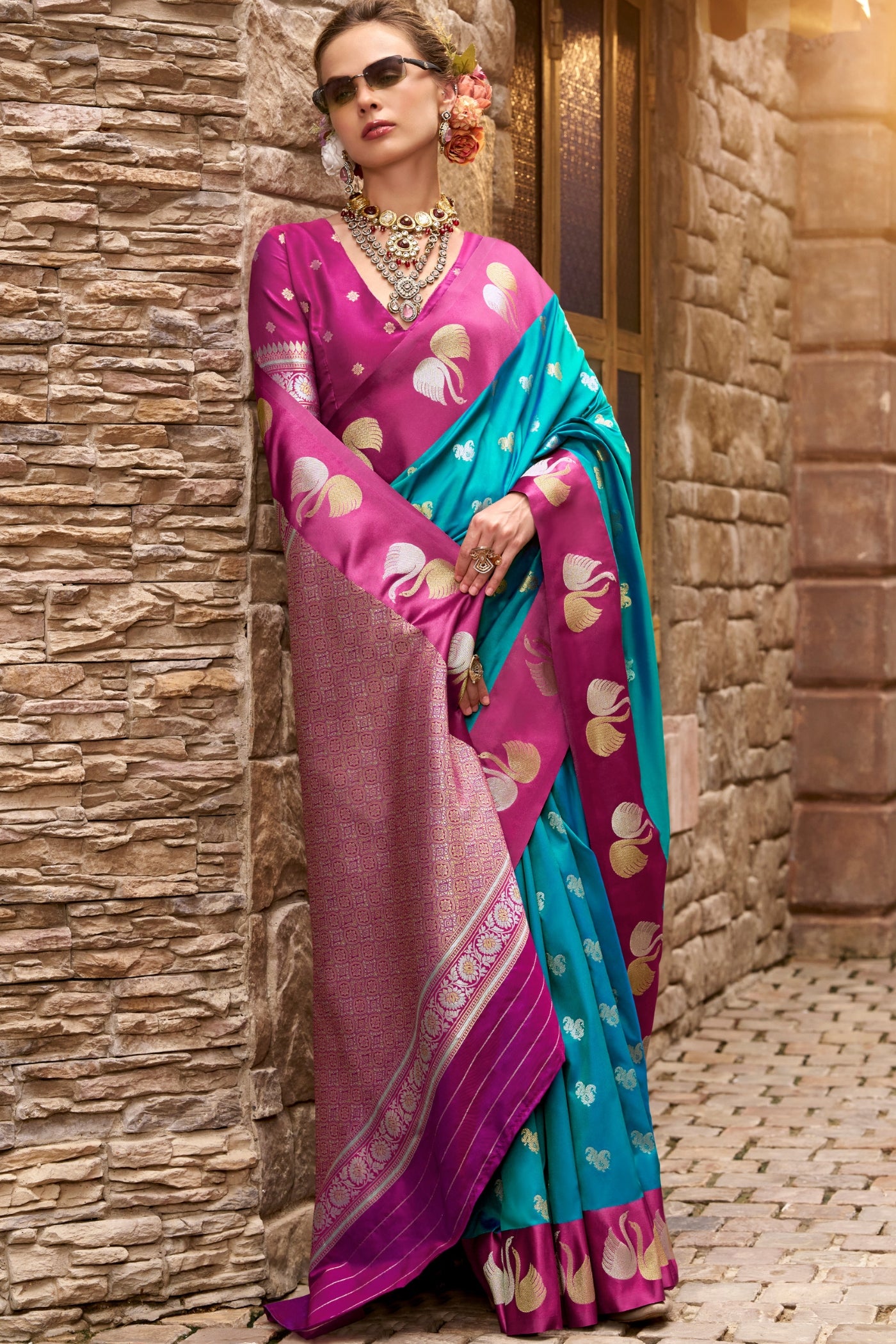 Buy MySilkLove Windows Blue Woven Satin Soft Silk Saree Online