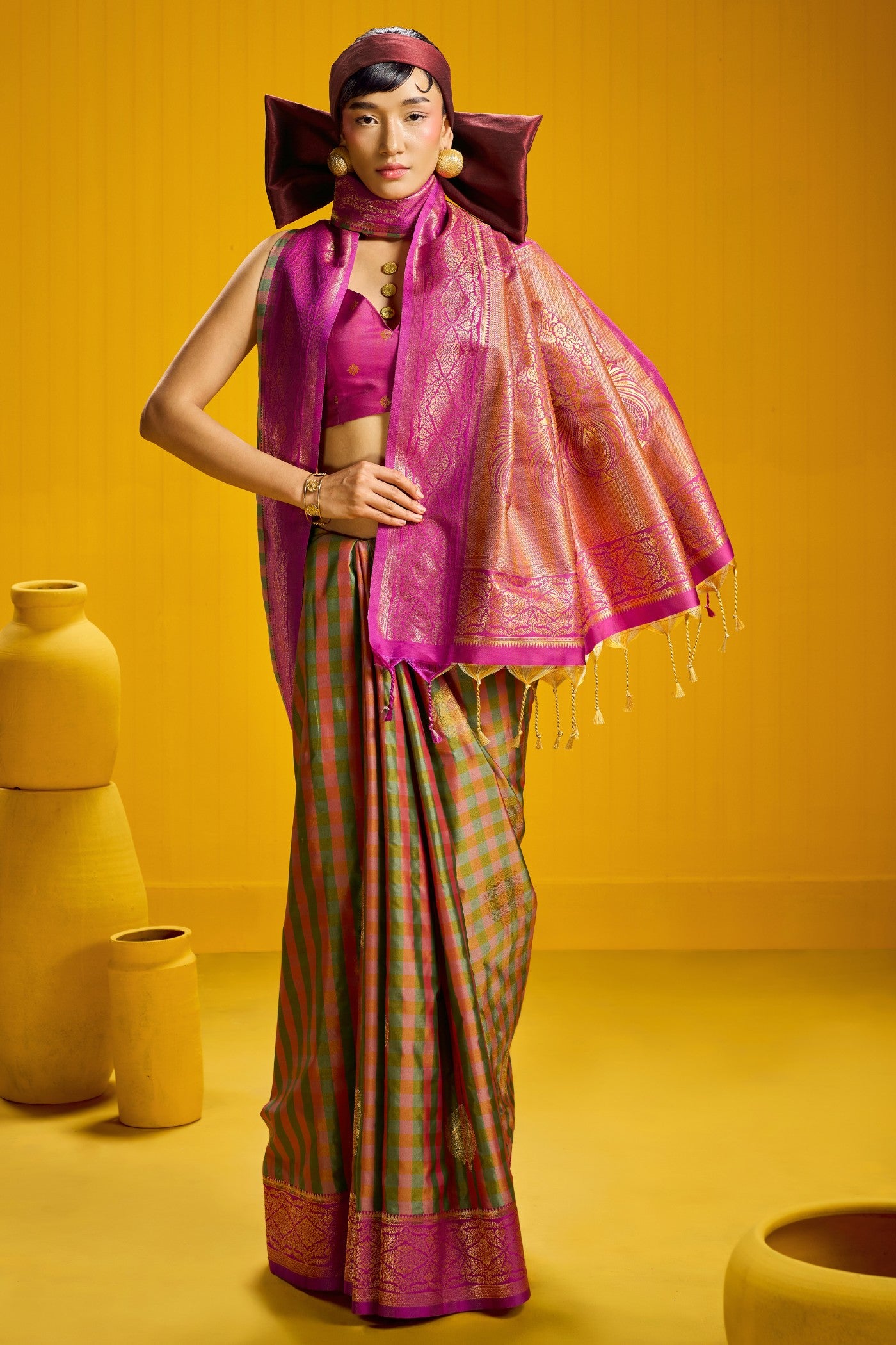 MySilkLove Haritha Green Banarasi Two Tone Checks Handloom Saree