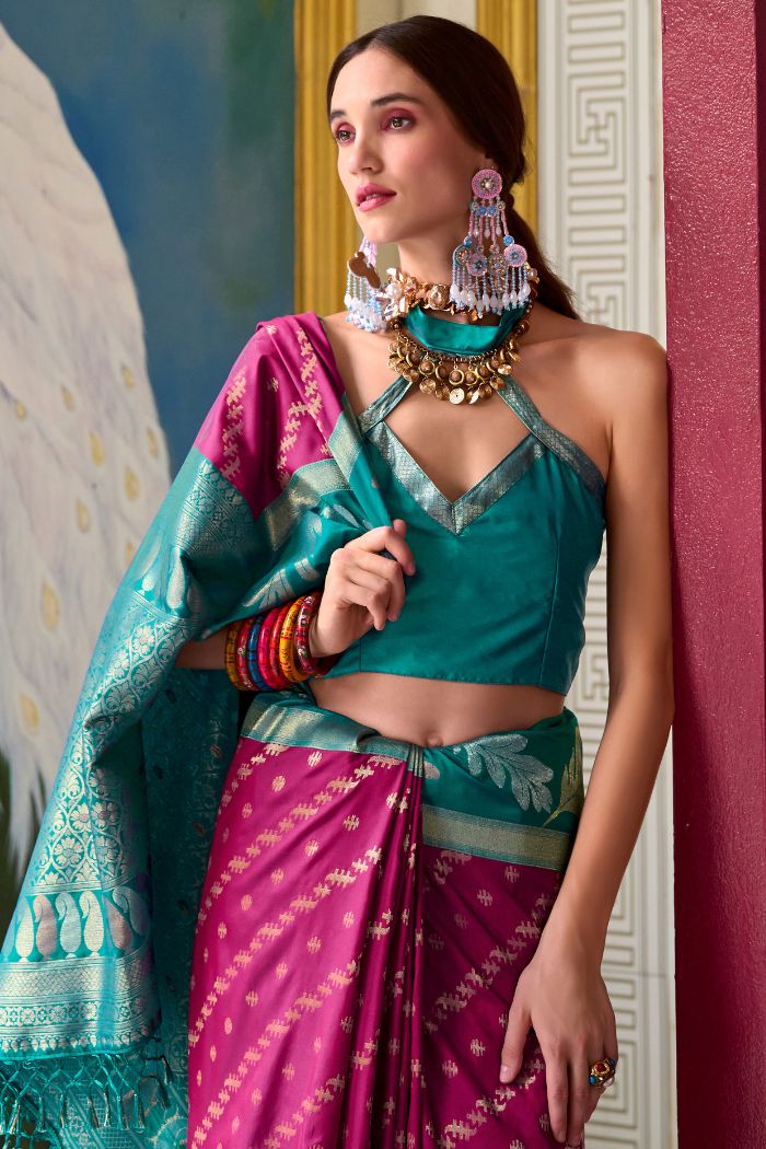 Buy MySilkLove Rose Bud Cherry Purple and Green Banarasi Soft Silk Saree Online