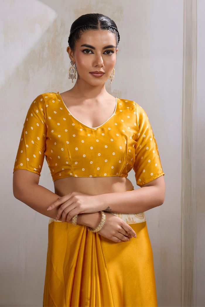 Buy MySilkLove Saffron Yellow Modal Ajrakh Printed Satin Silk Saree Online