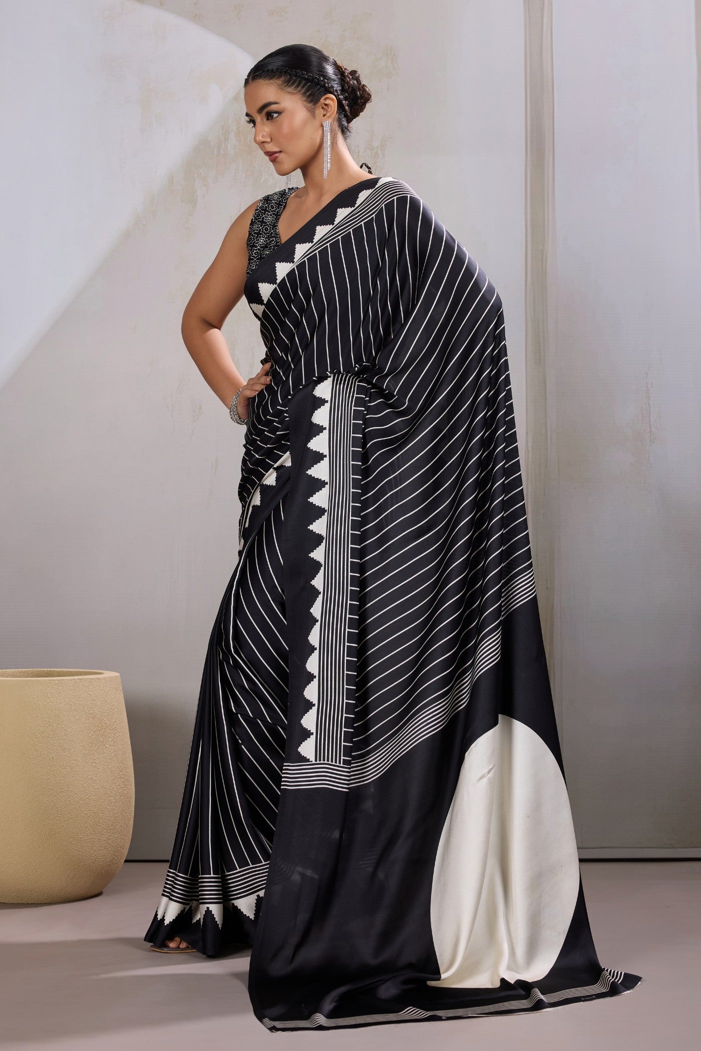 Buy MySilkLove Taupe Black Ajrakh Printed Satin Crepe Silk Saree Online