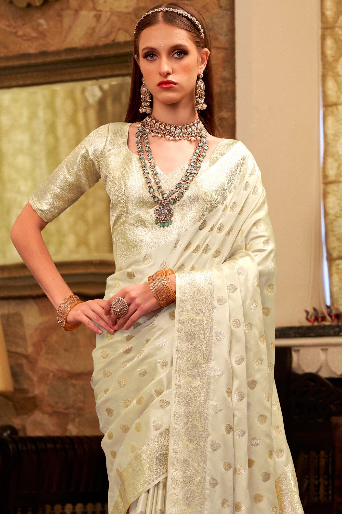 Buy MySilkLove Pearl Cream Woven Banarasi Satin Soft Silk Saree Online