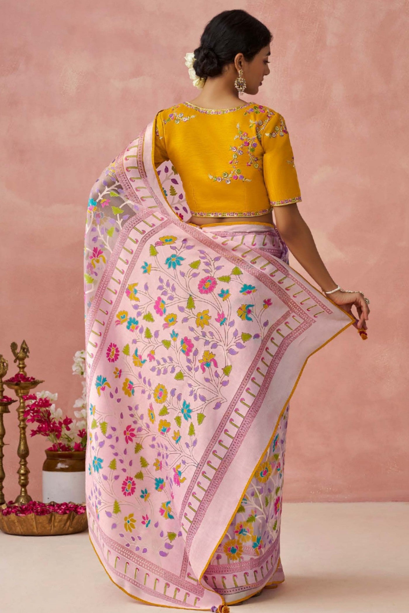 Buy MySilkLove Quicksand Pink Brasso Organza Printed Saree Online