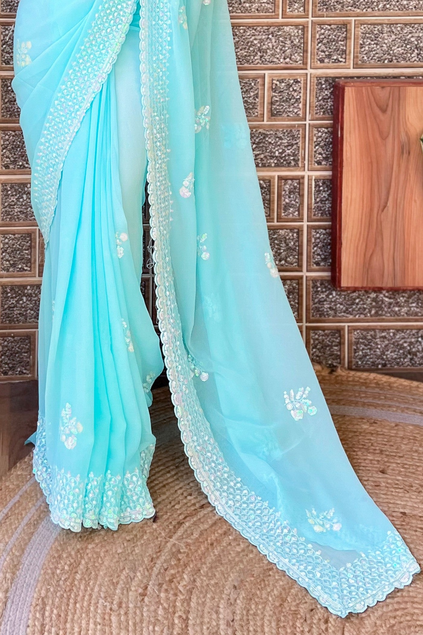 Buy MySilkLove Delphinium Blue Embroidery Georgette saree Online