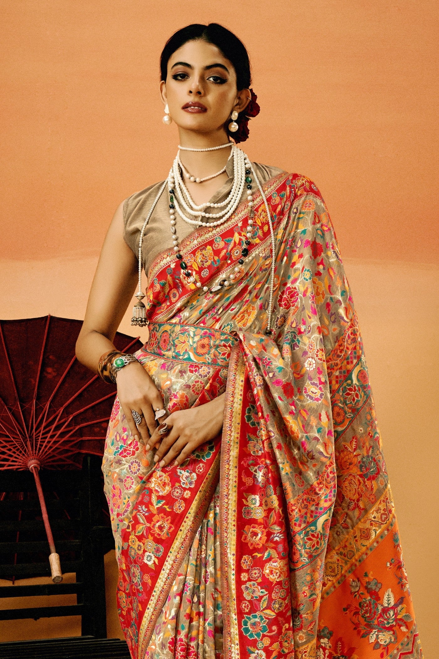 Buy MySilkLove Bistre Brown Kashmiri Handloom Jamewar Saree Online