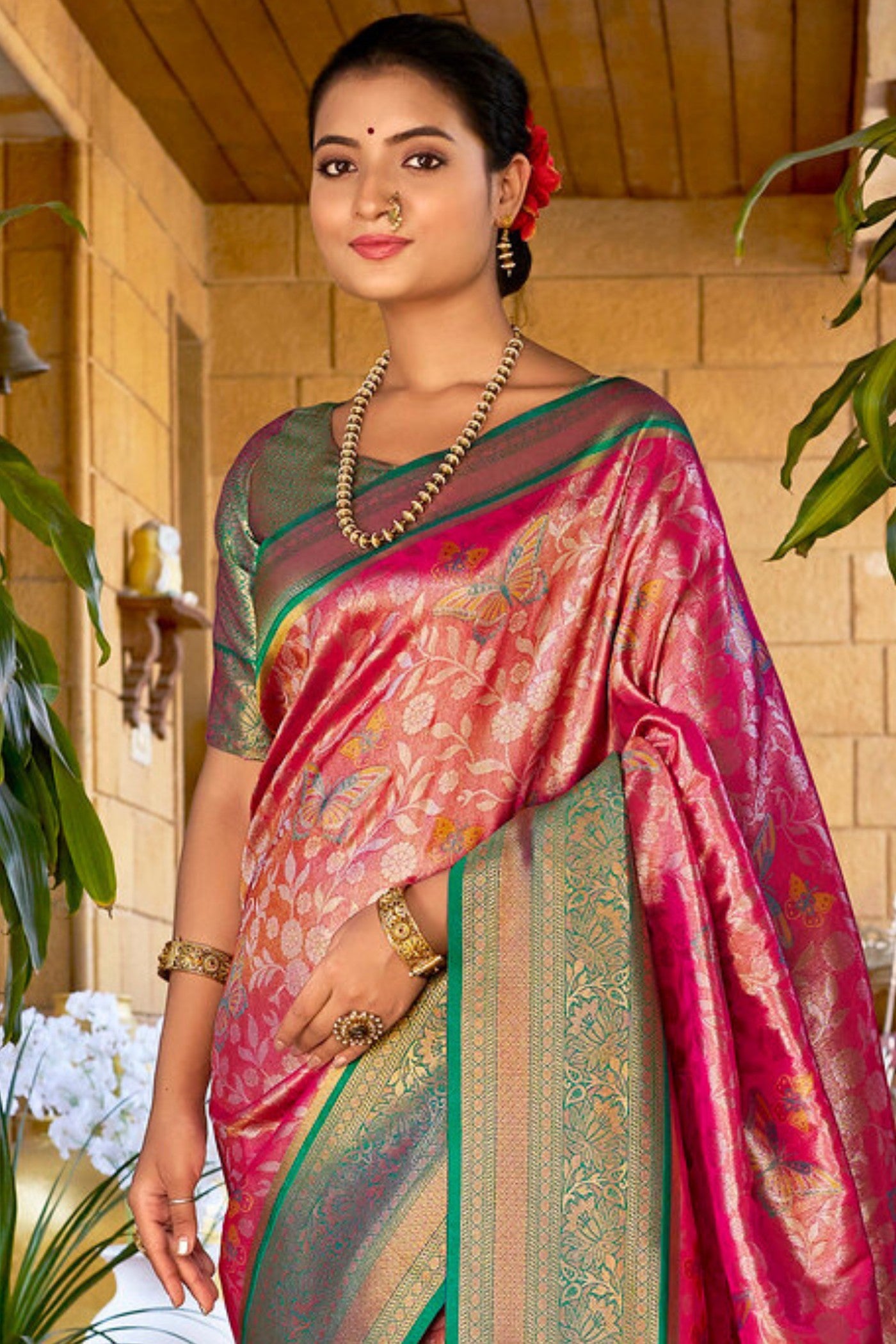 Buy MySilkLove Flush Pink Woven Kanjivaram Saree Online