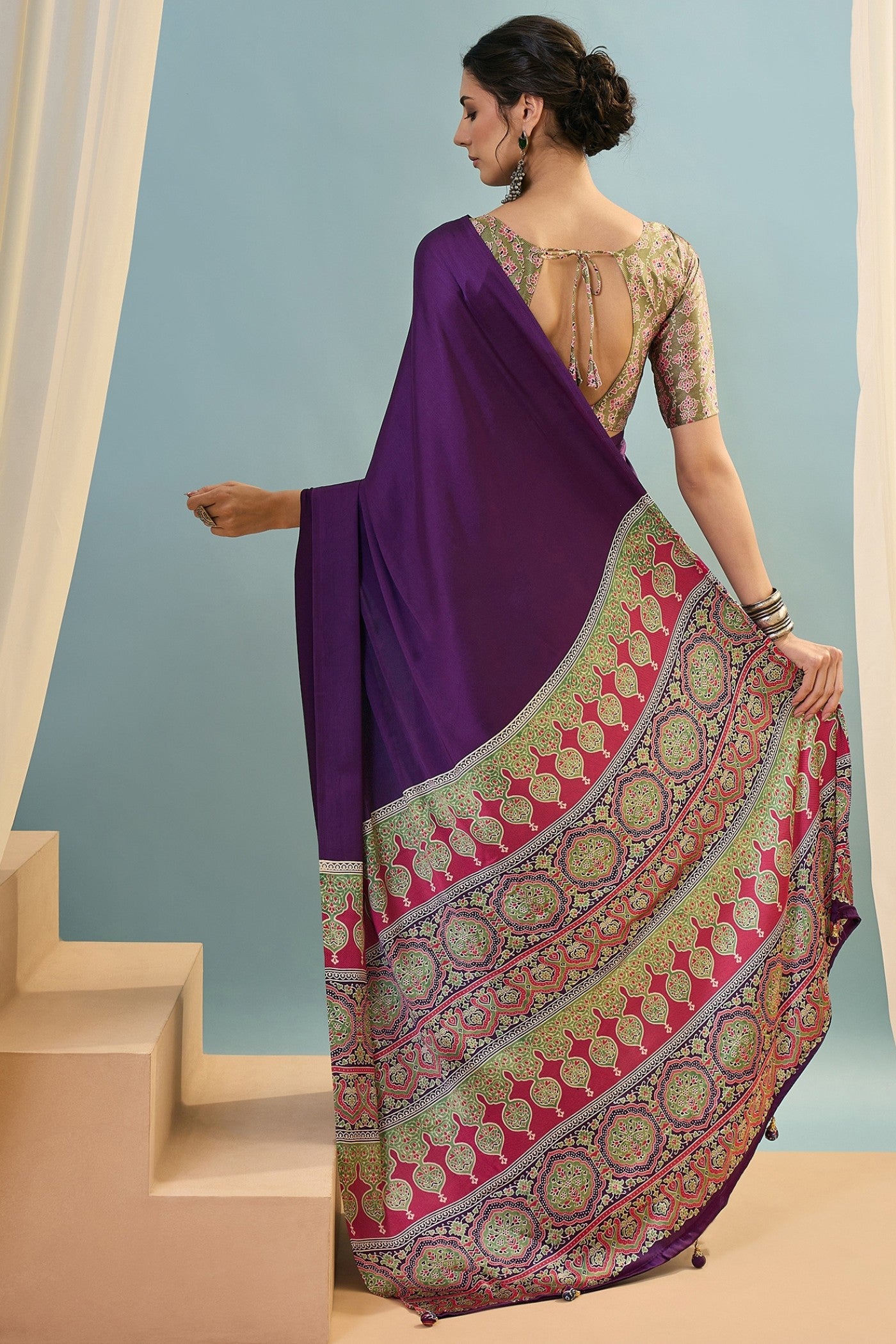 Buy MySilkLove Starlit Purple Ajrakh Printed Satin Crepe Silk Saree Online