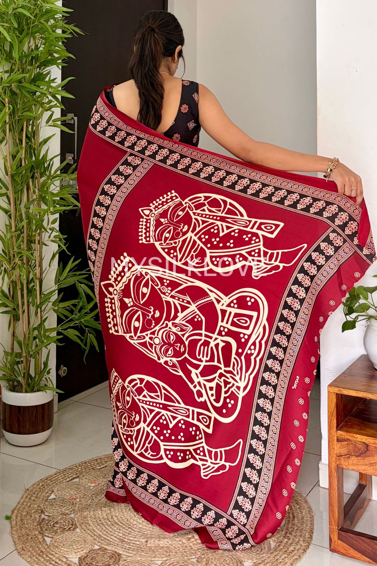 Buy MySilkLove Velvet Maroon Modal Ajrakh Satin Printed Silk Saree Online