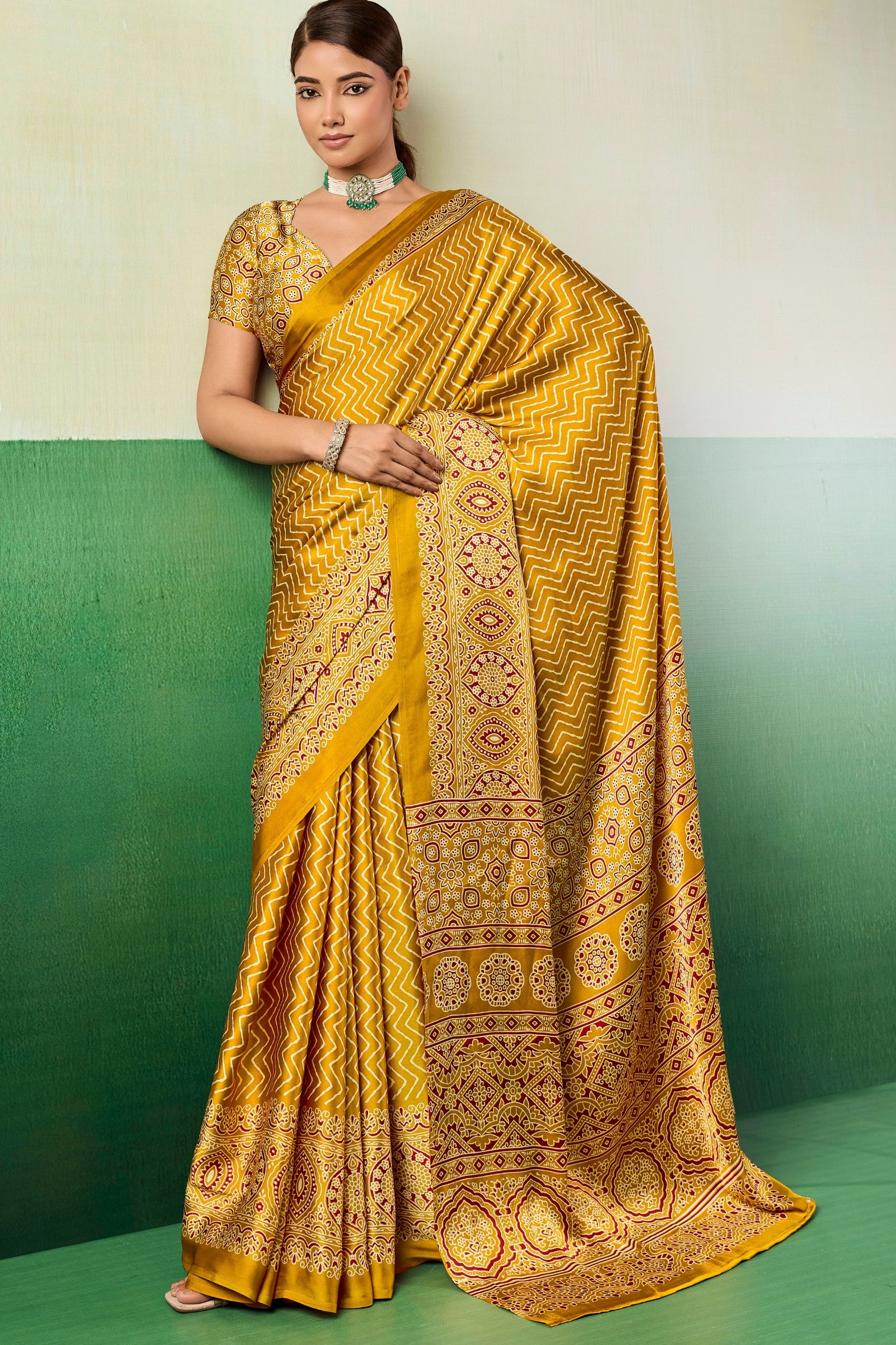 Buy MySilkLove Candlelight Yellow Modal Ajrakh Satin Printed Silk Saree Online