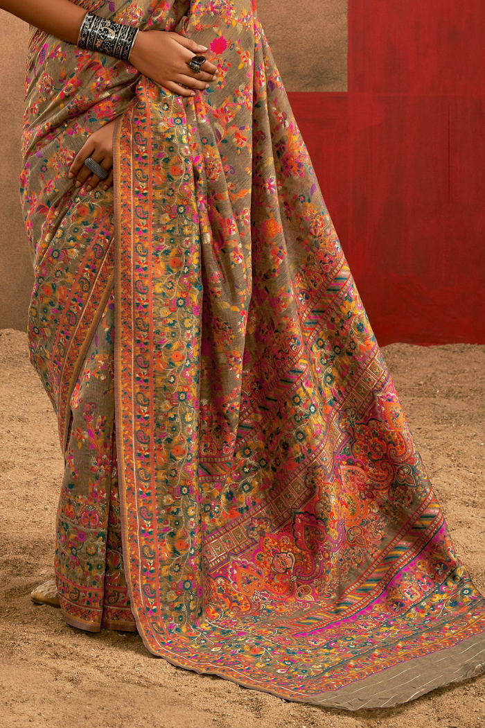 Buy MySilkLove Khaki Brown Kashmiri Handloom Jamewar Saree Online