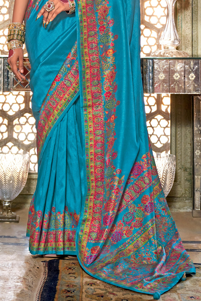 Buy MySilkLove Curious Blue Printed Banarasi Saree Online