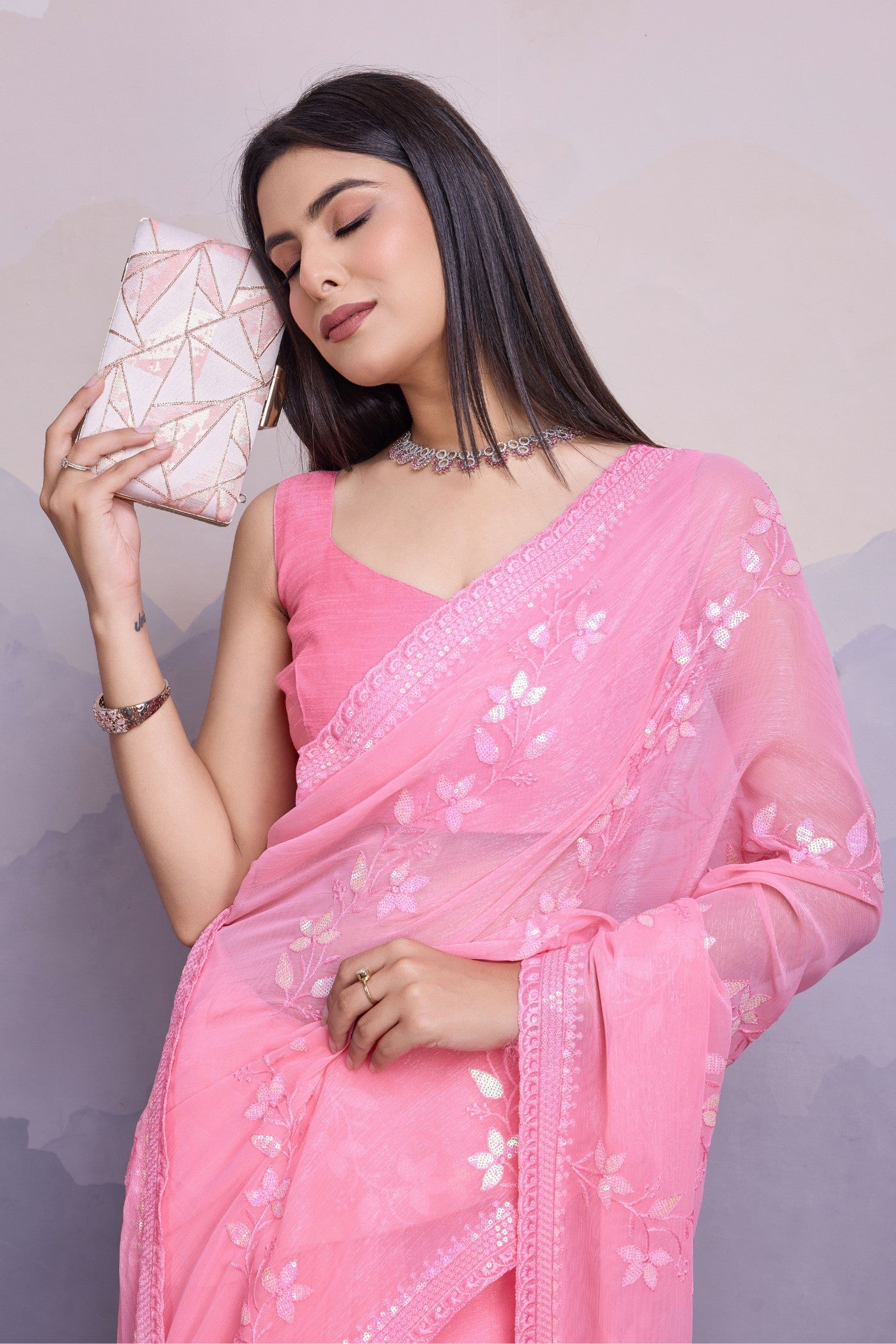 Buy MySilkLove Creamy Pink Embroidered Designer Chiffon Saree Online