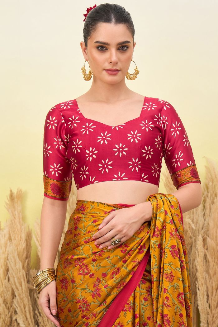 Buy MySilkLove Imperial Yellow Modal Satin Printed Silk Saree Online