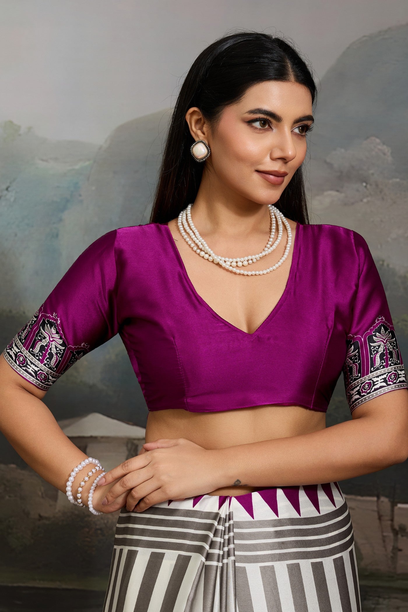 Buy MySilkLove Dutch White and Purple Ajrakh Printed Satin Crepe Silk Saree Online