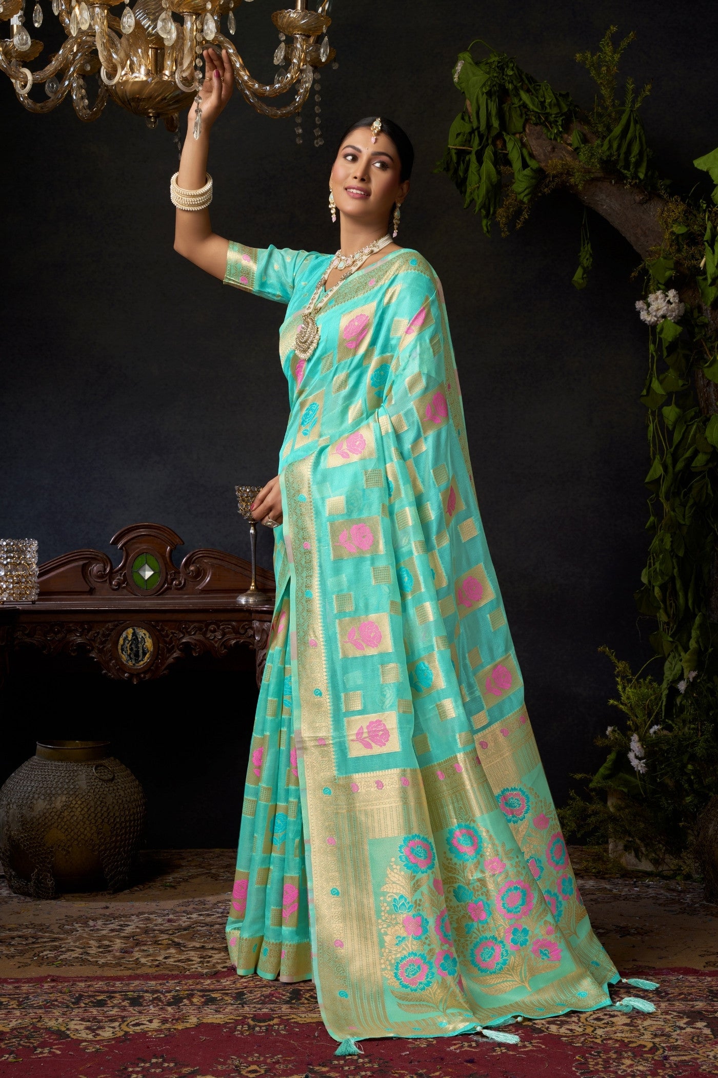 Buy MySilkLove Spring Blue Woven Banarasi Organza Saree Online