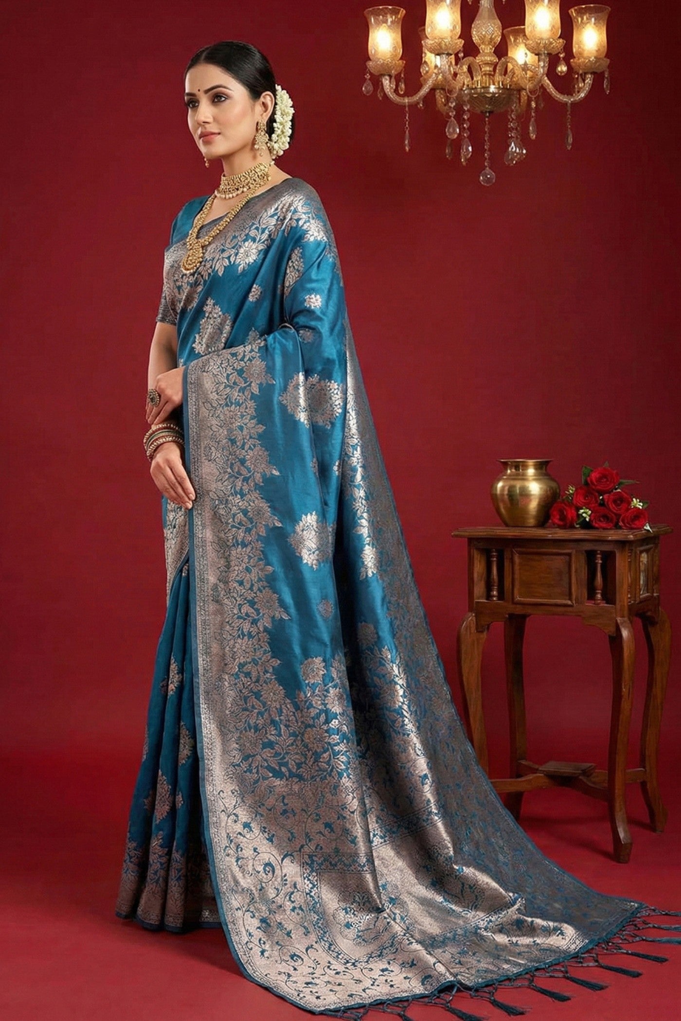 Buy MySilkLove Steel Blue Woven Banarasi Silk Saree Online