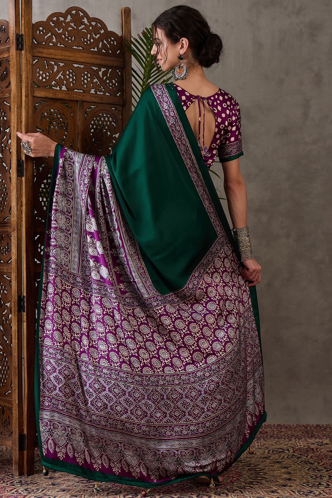 Buy MySilkLove Bottle Green Printed Satin Gaji Silk Saree Online
