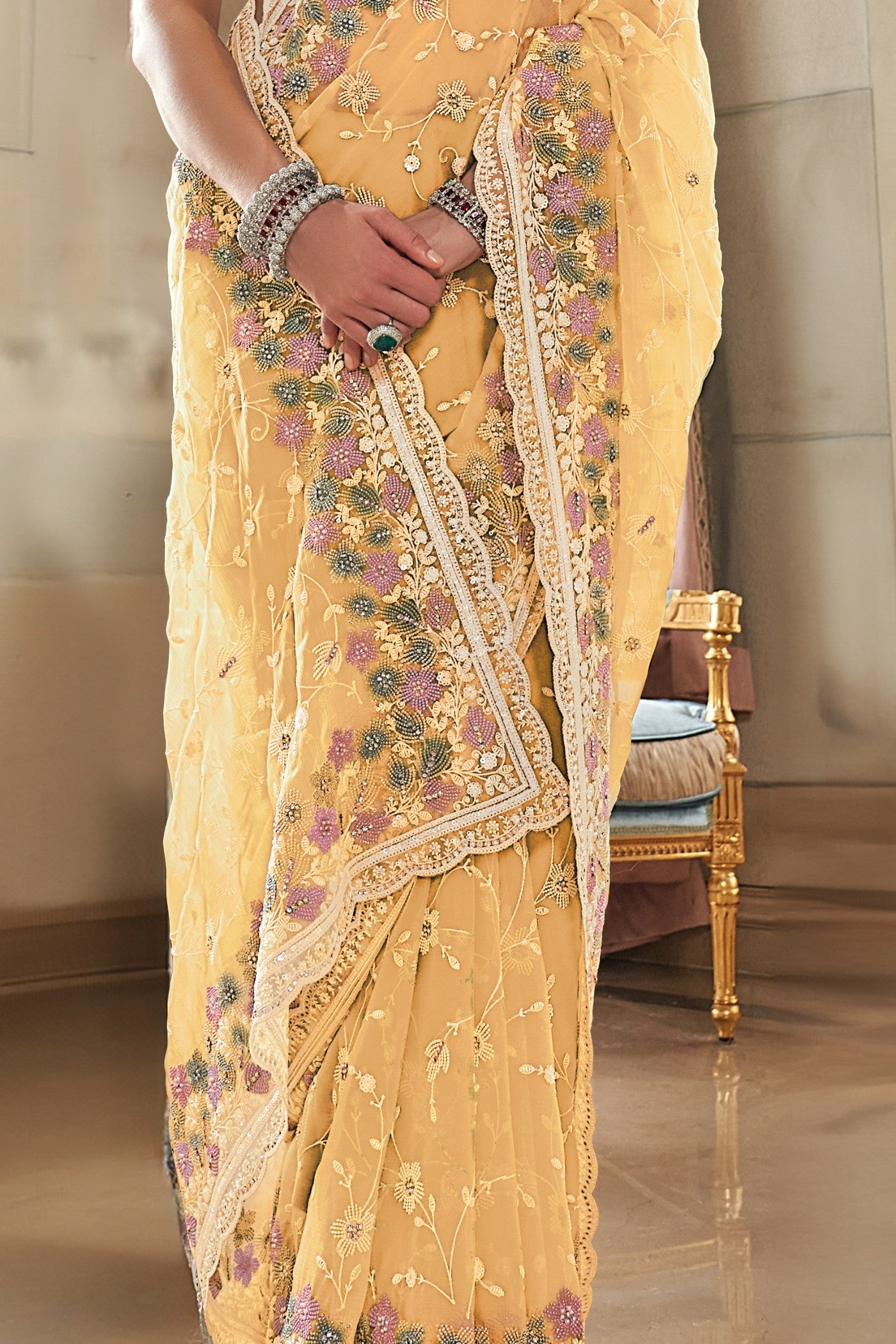 Buy MySilkLove Rajah Yellow Embroidery Designer Saree Online