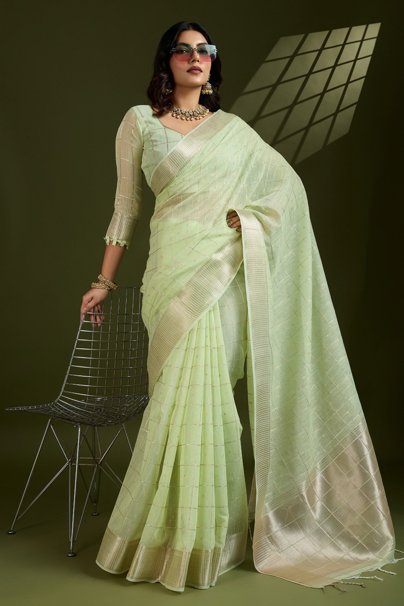 Buy MySilkLove Pista Green Woven Tissue Linen Saree Online