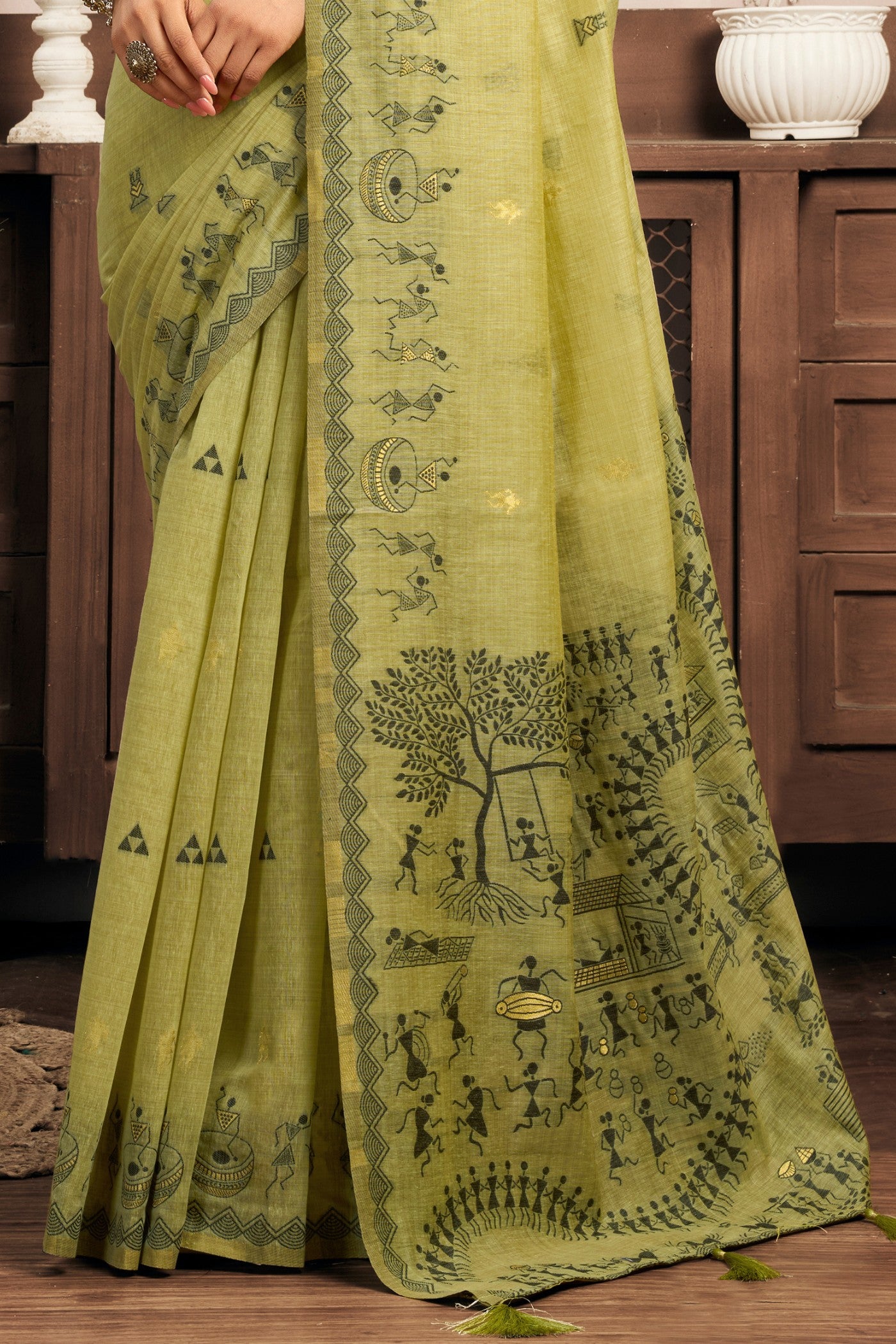 Buy MySilkLove Mist Green Woven Modal Cotton Saree Online