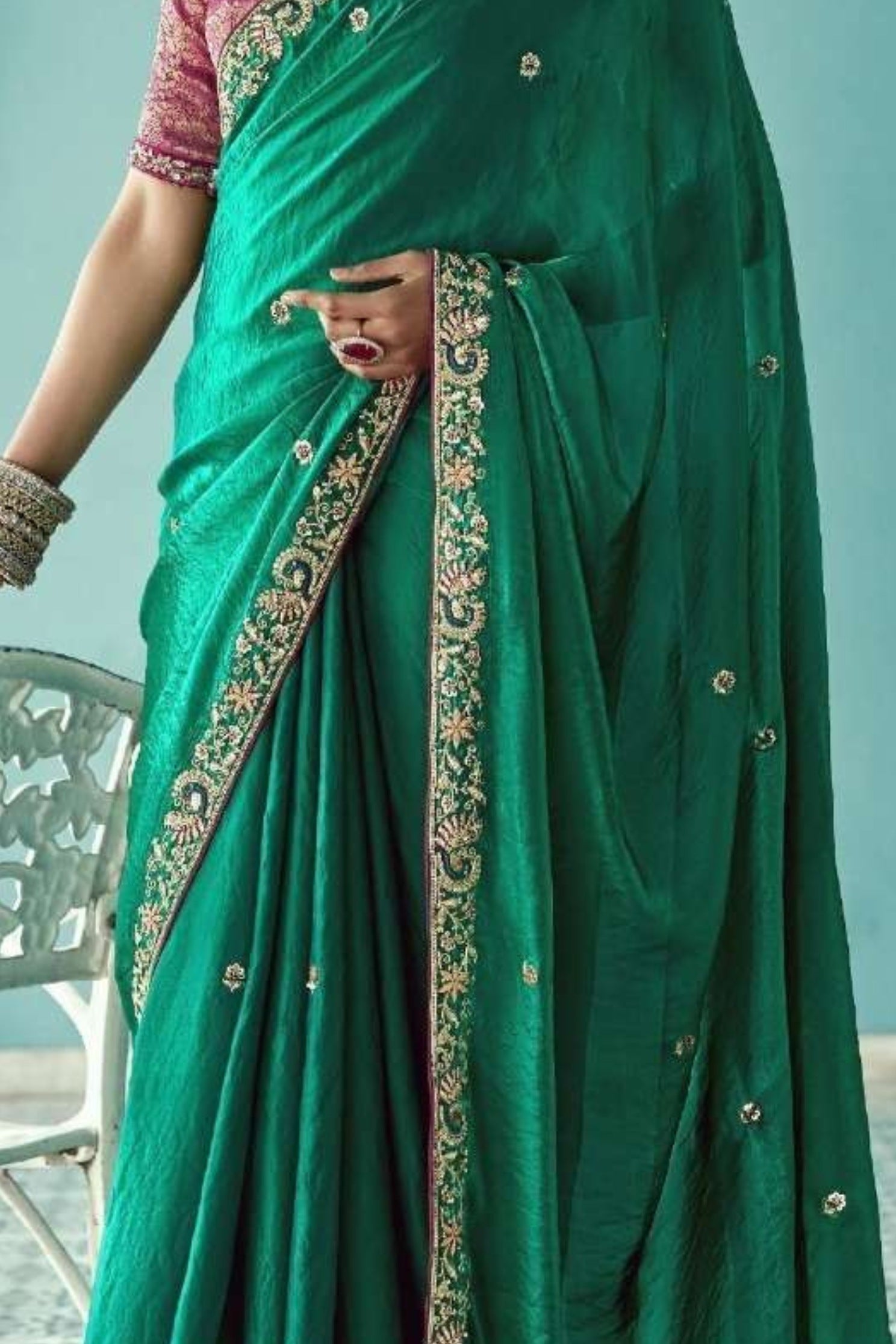 Buy MySilkLove Turtle Green Embroidered Tissue Designer Saree Online