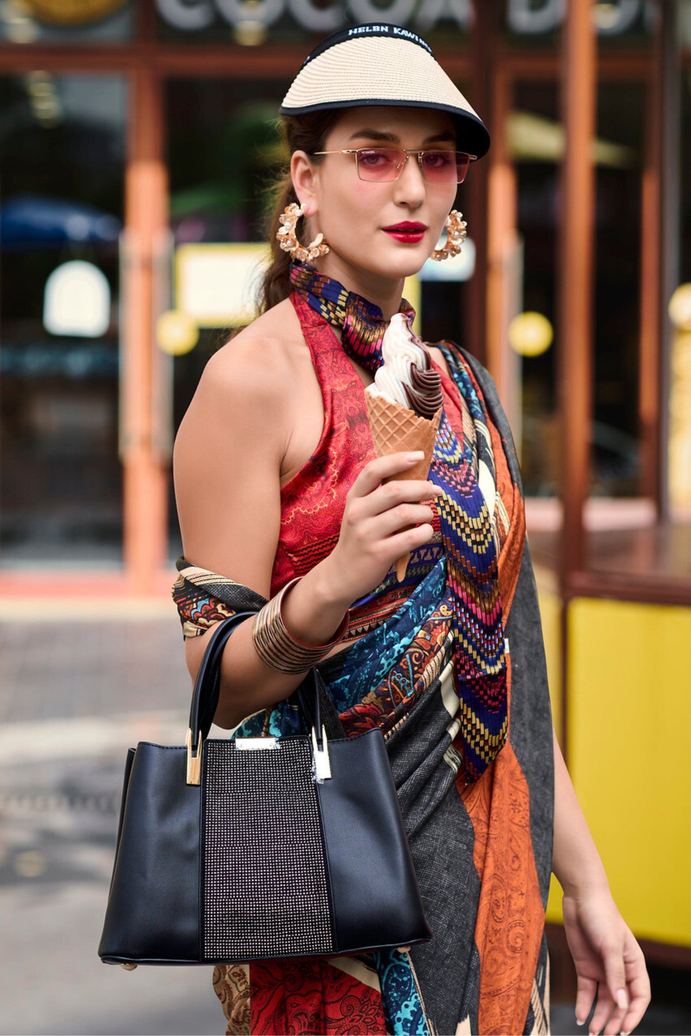 Buy MySilkLove Brown and Black Printed Satin Crepe Silk Saree Online