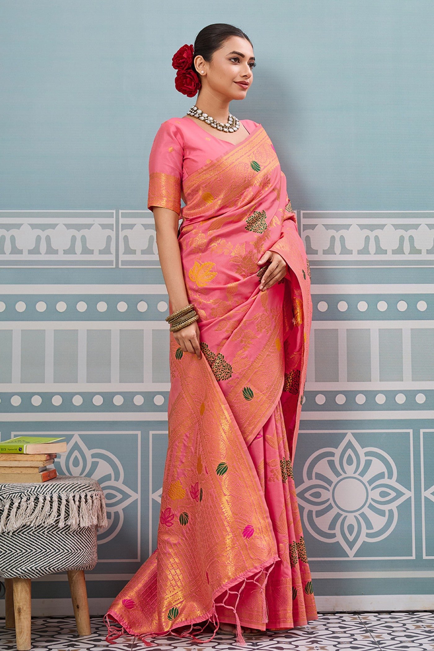 MySilkLove Cherry Pink Woven Banarasi Saree