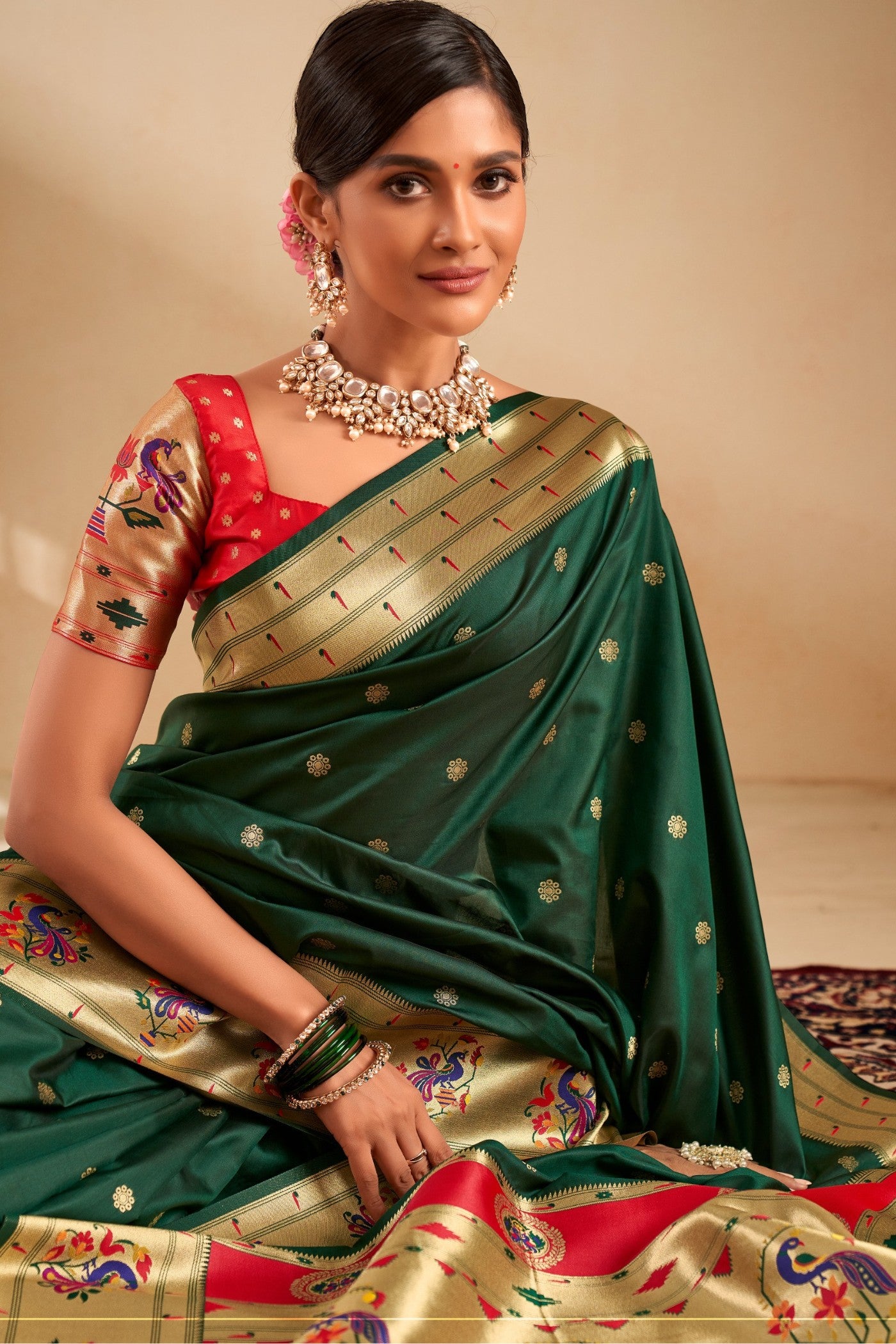 Buy MySilkLove Gunmetal Green Woven Paithani Saree Online